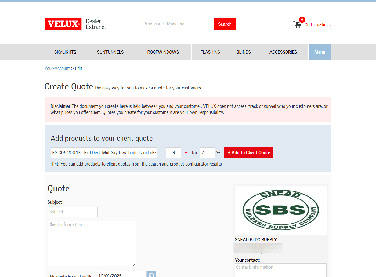 Step #3: Adjust the quantity if needed and add the VAT sales tax, then click Add to Client Quote." You may add additional items or continue to finalize the quote.