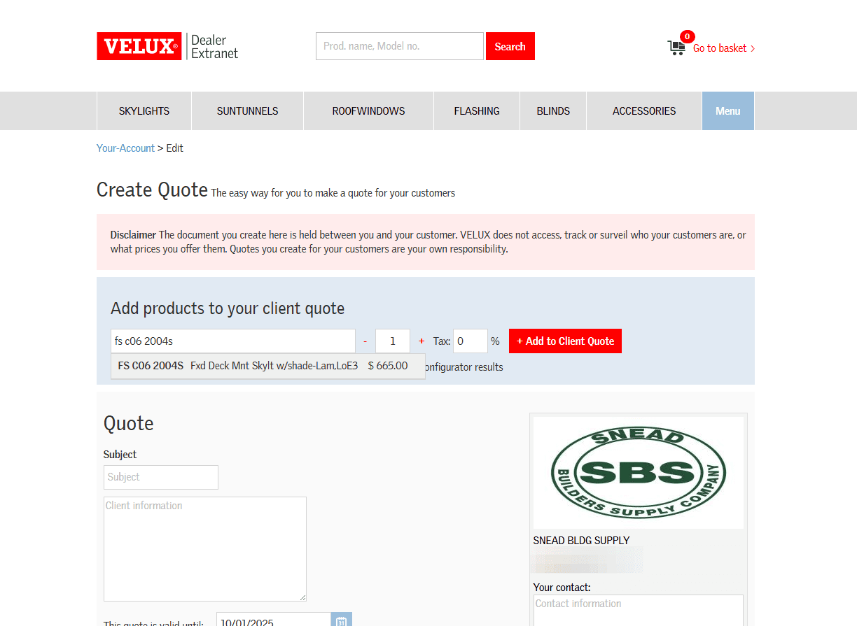Step #2: Type the product into the search field under Add products to your client quote. Note you can also choose from the products tab on the homepage.