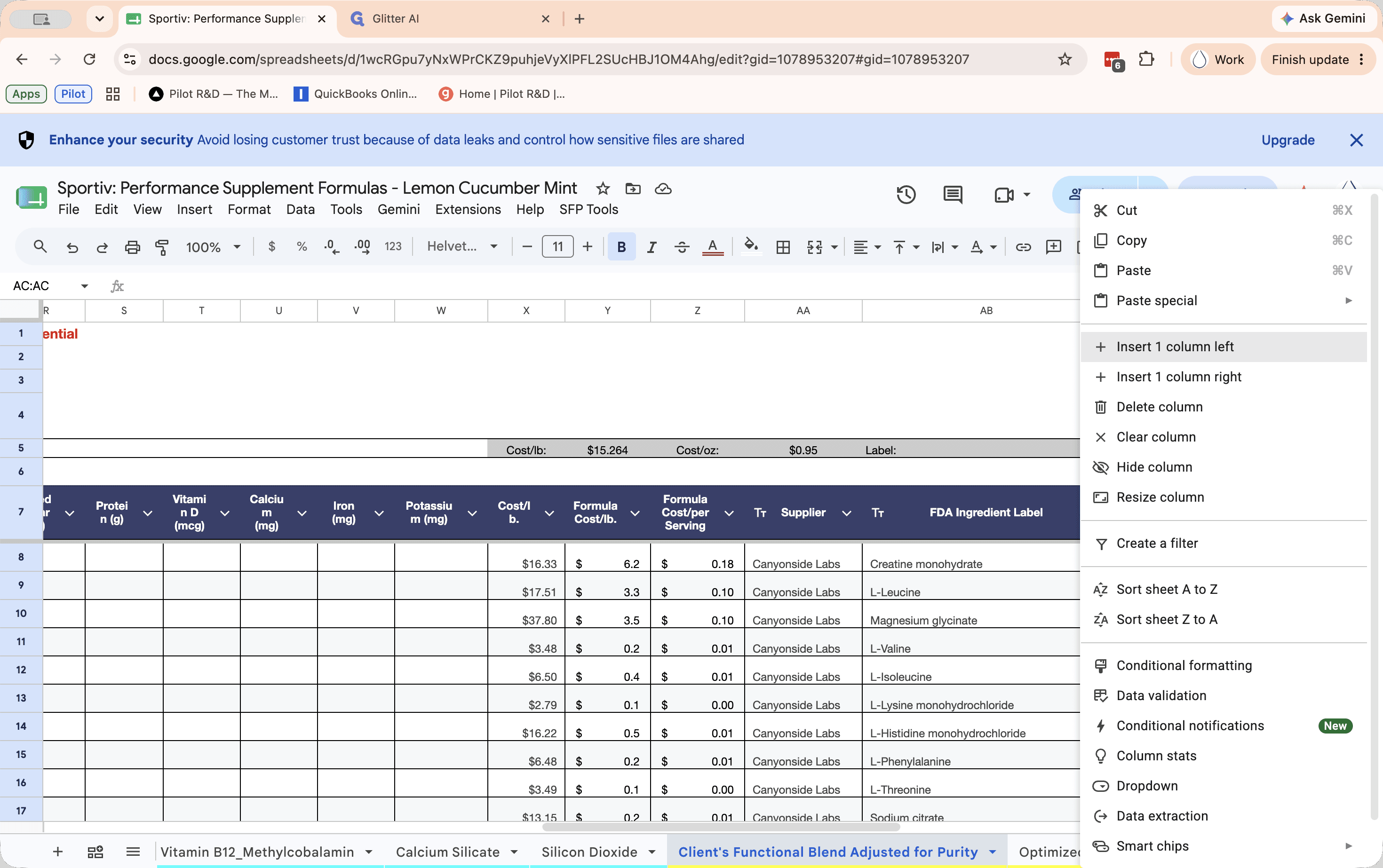 Step #9: Insert a column to the left of the Caffeine column, paste the data, and zero out any errors below the total row.