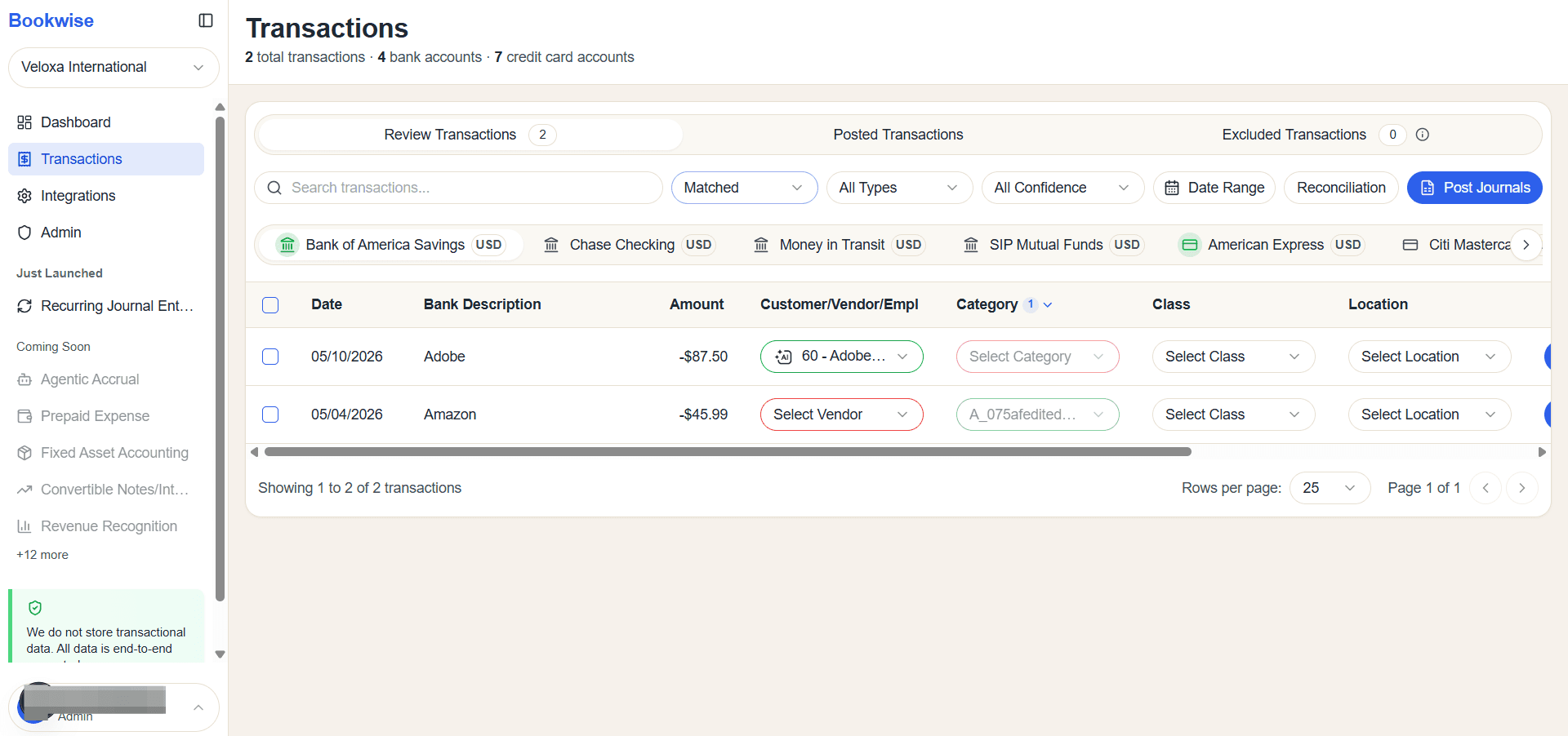 Step #5: Matched is selected, only transactions with the matched status will be shown.