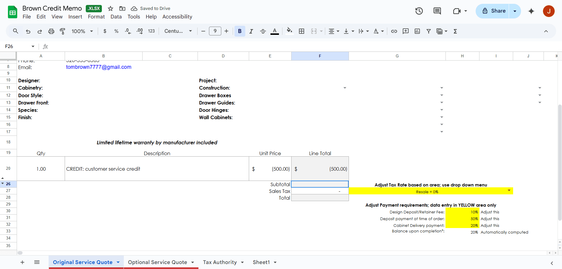 Step #14: place a minus sign in front of the credit amount. If the amount shows in parenthesis then our bookkeeper will know to deduct this from the client's balance