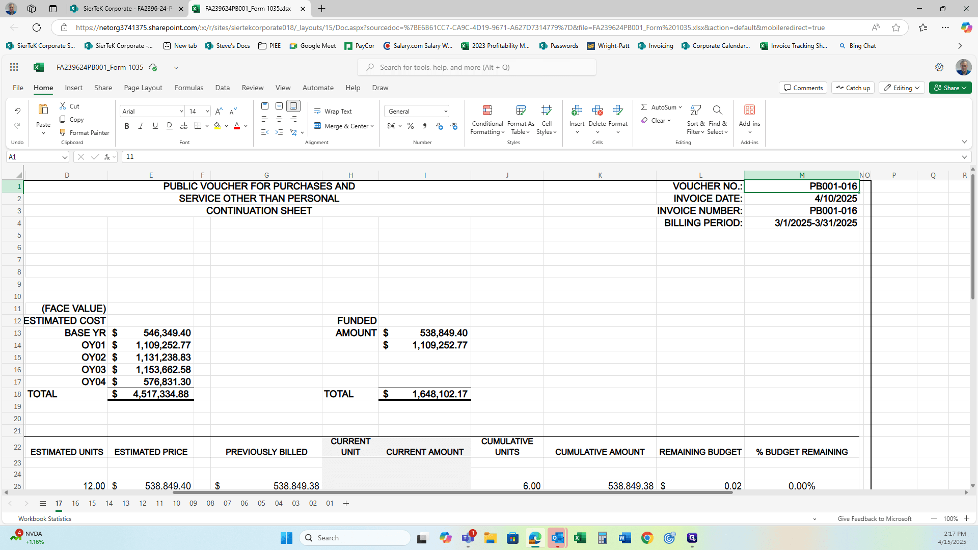 Step #17: In the top right-hand corner, you will see the Voucher Number, Invoice Date, Invoice Number, and Billing Period. This will all need to be updated with the current months information. Example. New Voucher Number: PB001-017Invoice Date: 5/10/2025Invoice Number: PB001-017Billing Period: 4/1/2025-4/30/2025
