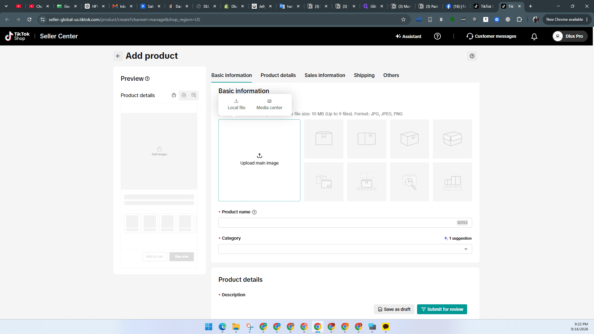 Step #6: Click Upload main image in the media upload area.
