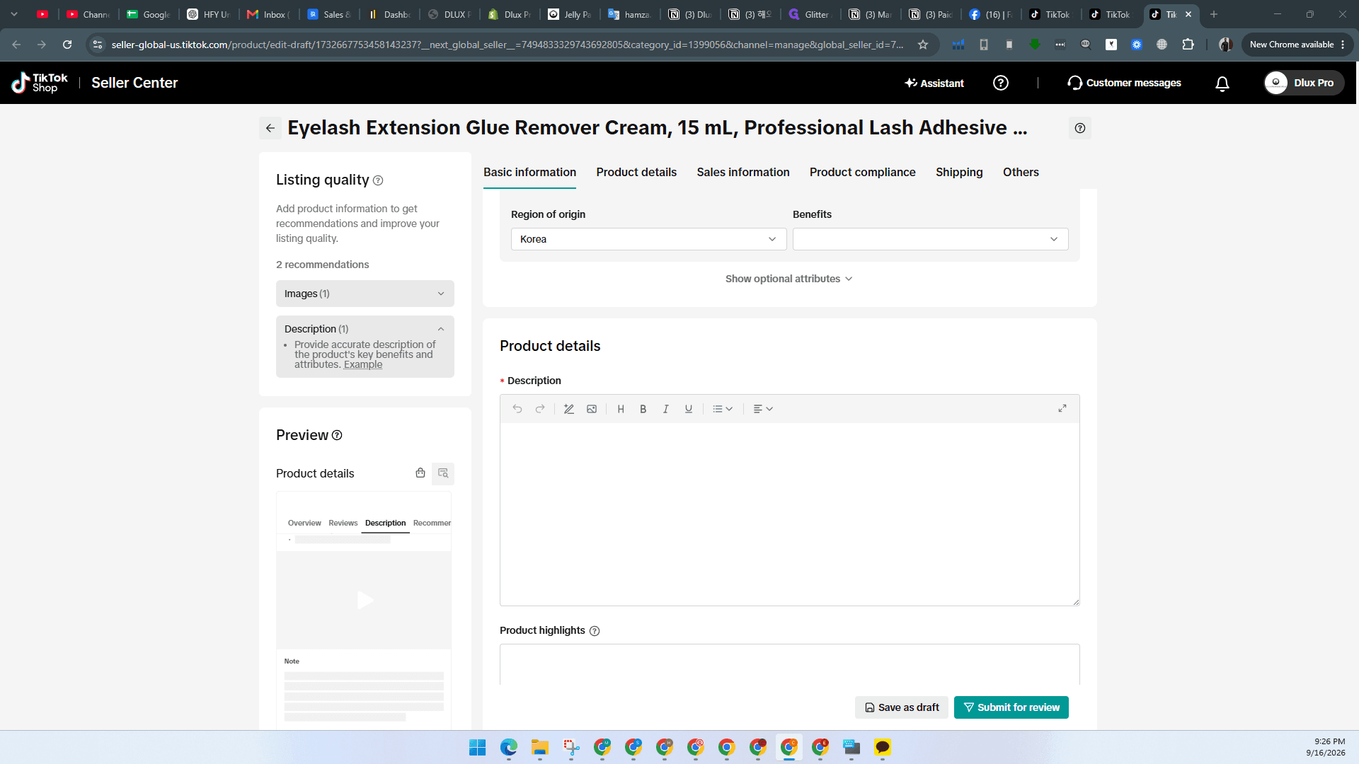 Step #15: Click the Description text area and enter your detailed product description.