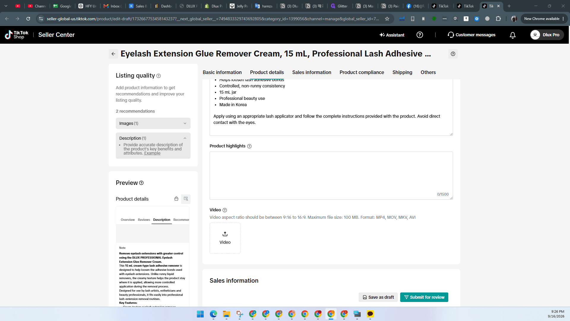Step #16: Click the Product highlights box and enter key bullet points for the item.