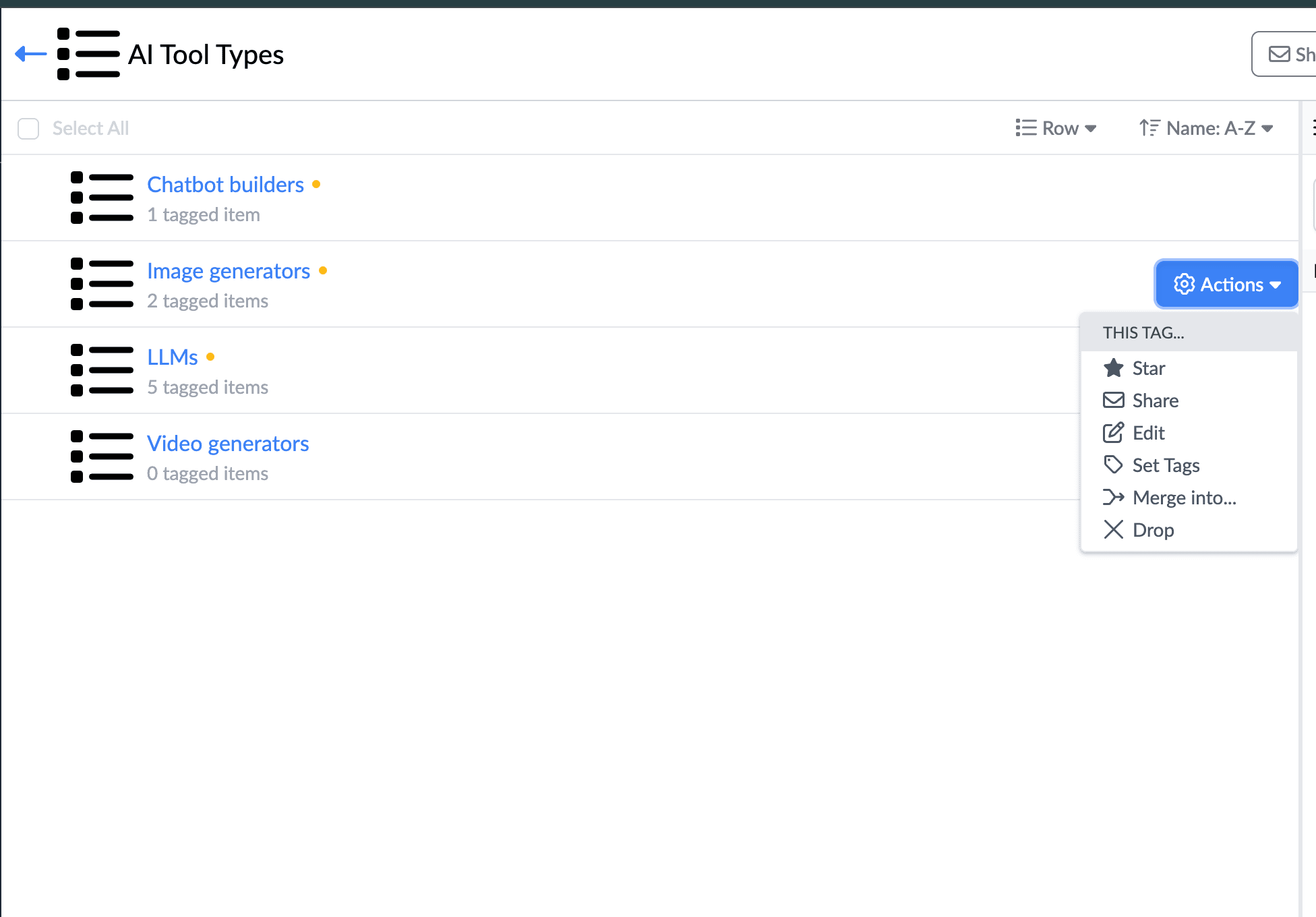 Step #28: If Dokkio included or excluded files en-masse, you can make your category more fine-grained by returning to Section view, hovering over to reveal the blue "Actions" button, and then clicking on "Edit".