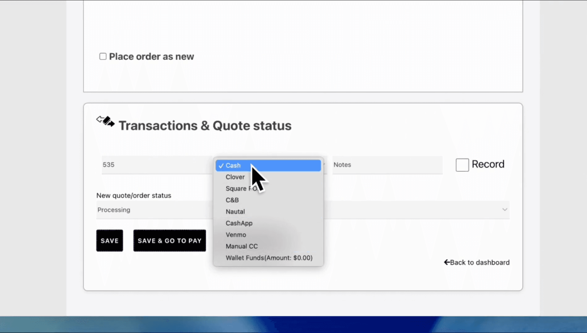 Step #11: Select 'Cash' from the dropdown.