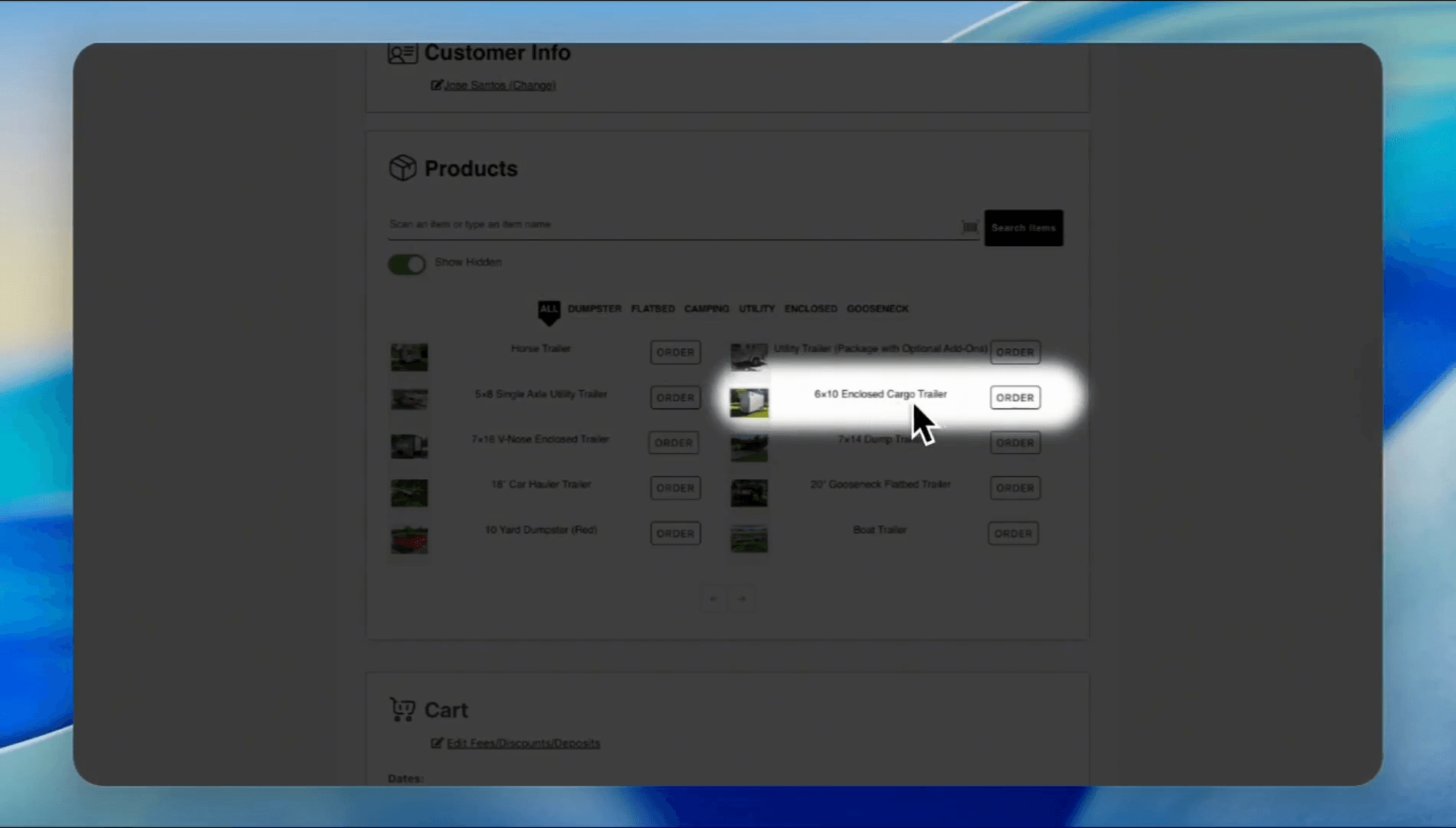 Step #5: Click the Order button for the 6x10 Enclosed Cargo Trailer.