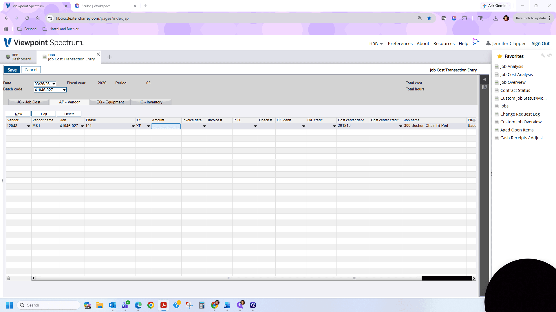 Step #16: Enter the amount to be moved as a negative value, so -92.17. We will use the invoice date from the Job Cost Transaction Report or Job Cost History Report. In this case, there is no PO number or check number.