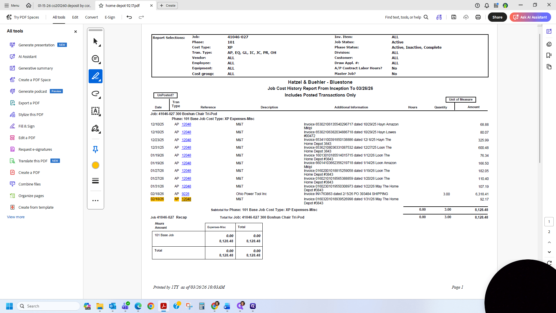 Step #9: Open the pdf version of the Job Cost History report. We will highlight the transaction we are moving. We will override the original save, which now includes the highlight.
