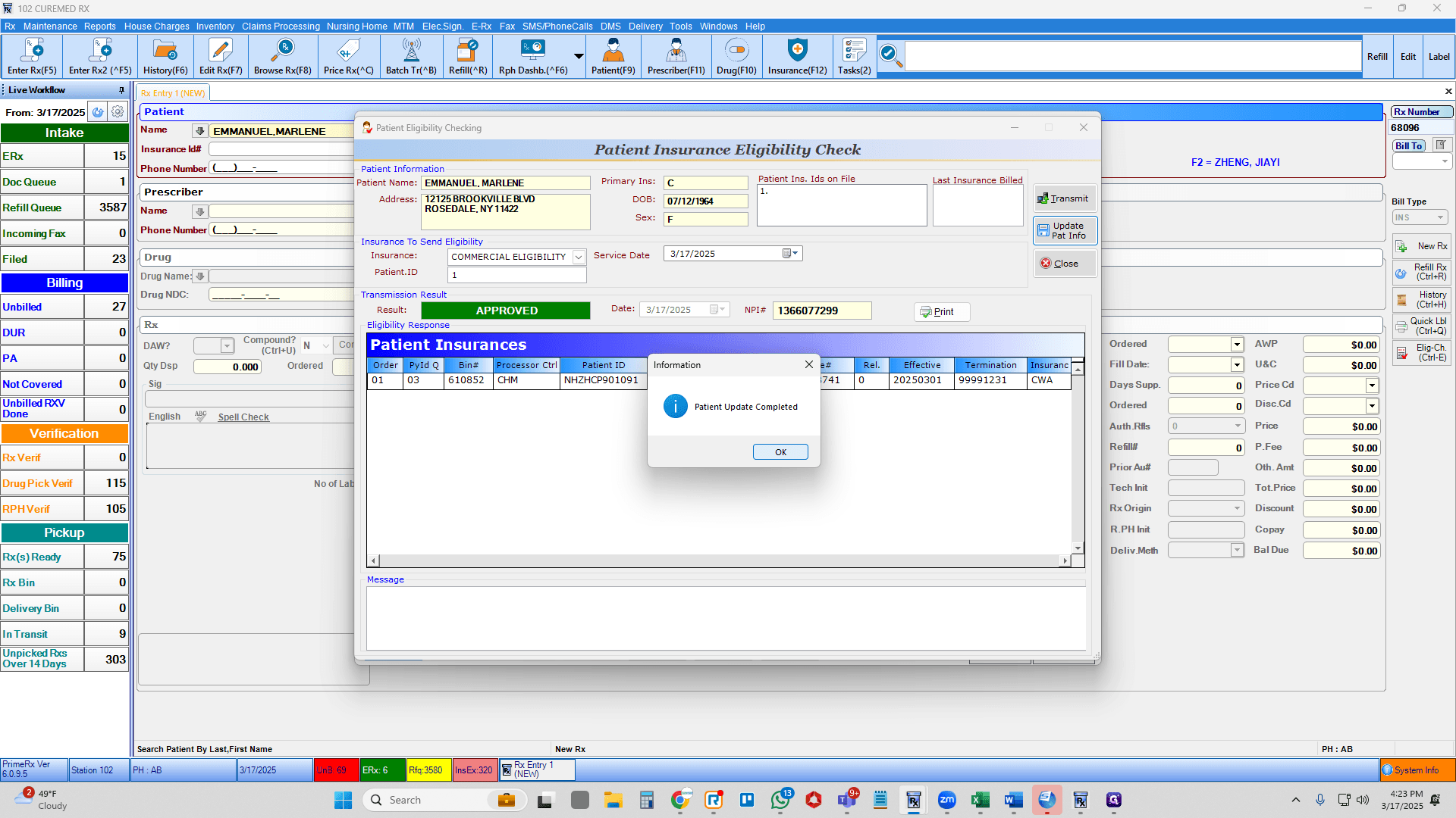 Step #13: Eligibility approved means we successfully located an insurance for the patient and we can go ahead and press "update patient info" so that it will automatically save to patient's file.