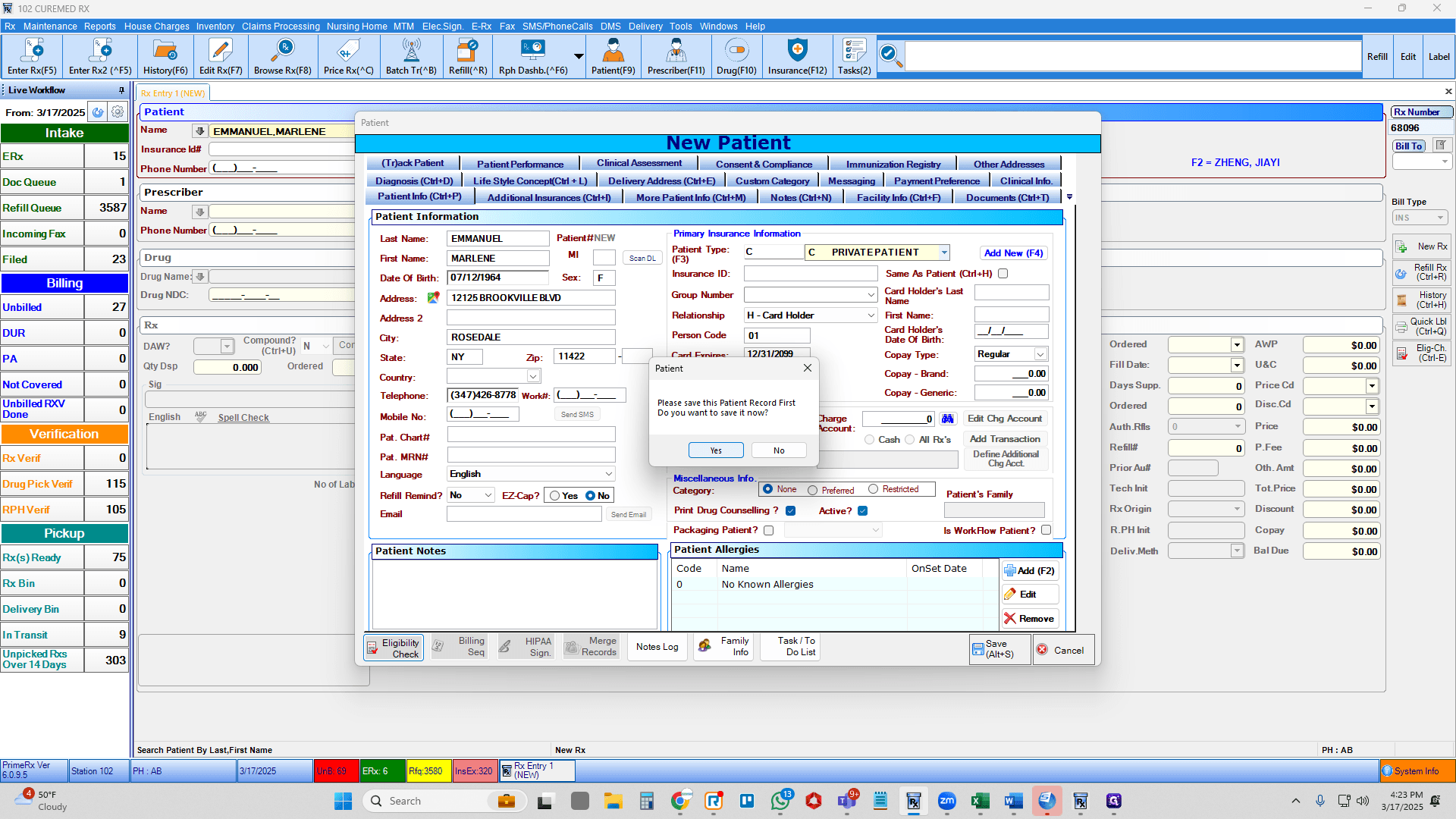 Step #7: Once you decided to check for eligibility PRIMERX is going to ask to save the patient information. ALWAYS press yes! Otherwise all the patient information you were entering will be deleted and you'll have to do it again.