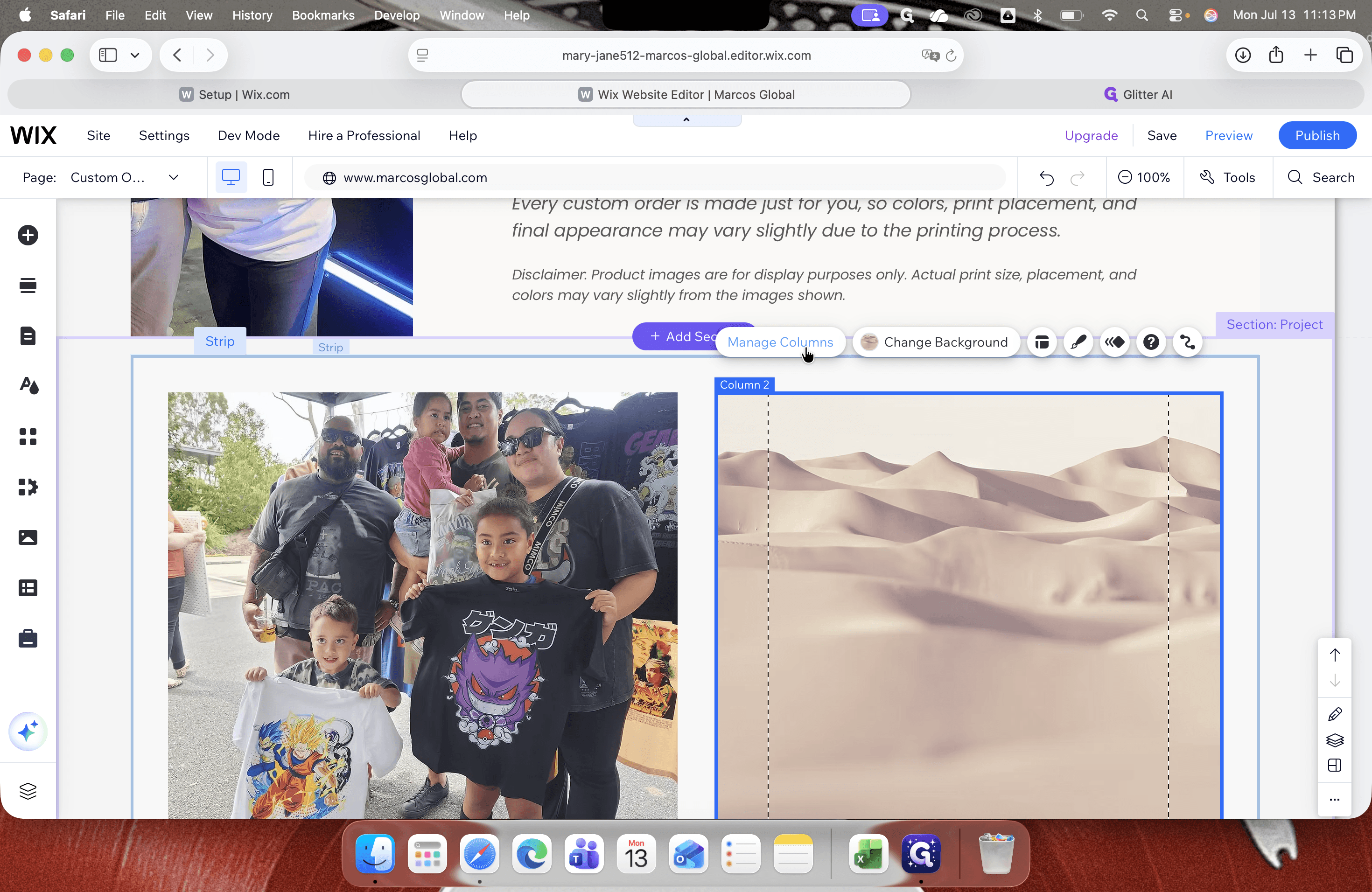 Step #10: Click the strip container to reveal the floating toolbar, then select Manage Columns.
