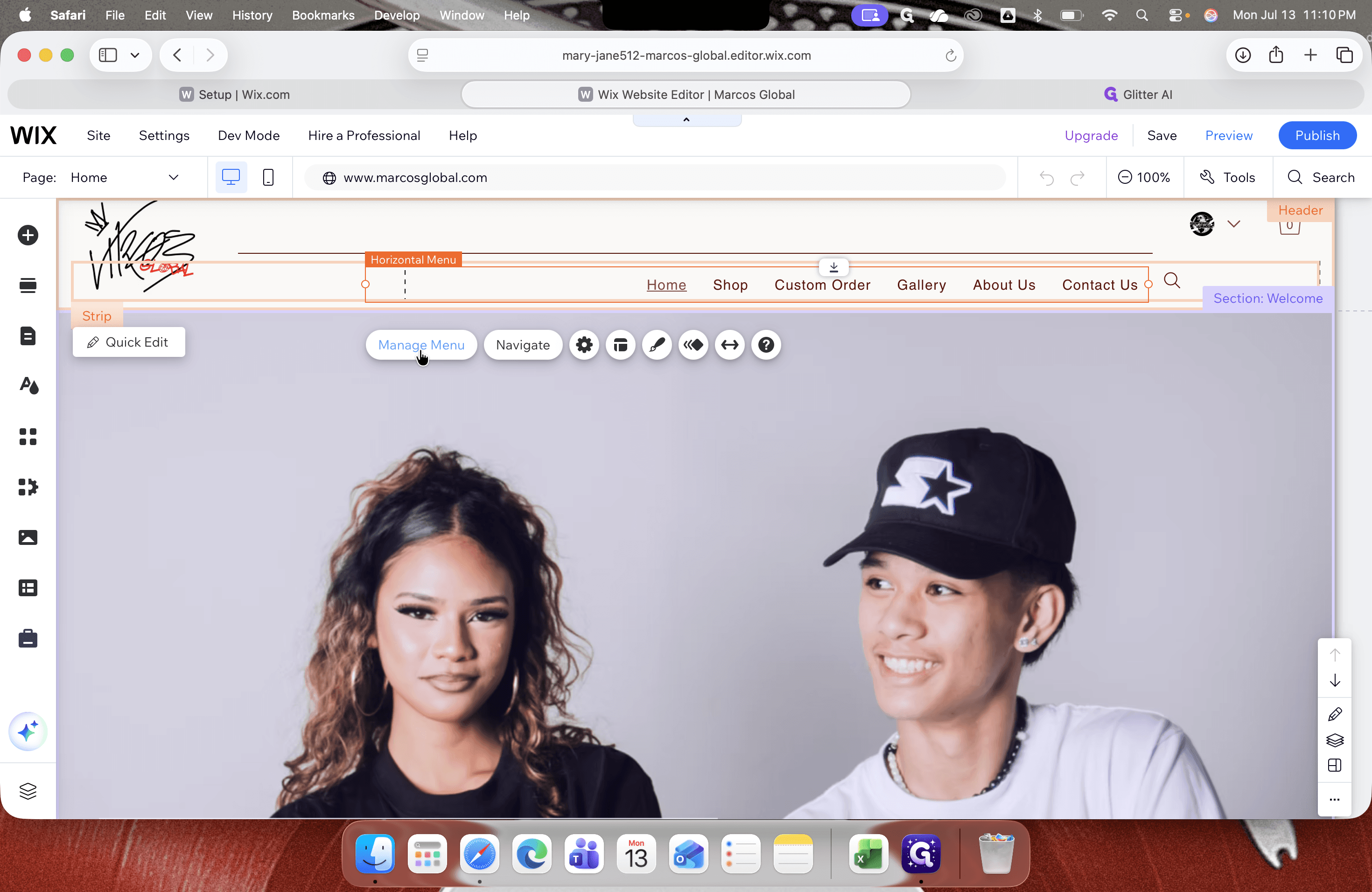 Step #3: Select the navigation bar in the header and click Manage Menu.