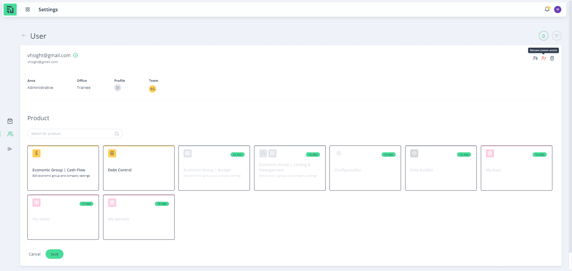 Step #9: Para remover os acessos diferentes, clique em "Remover acessos personalizados."