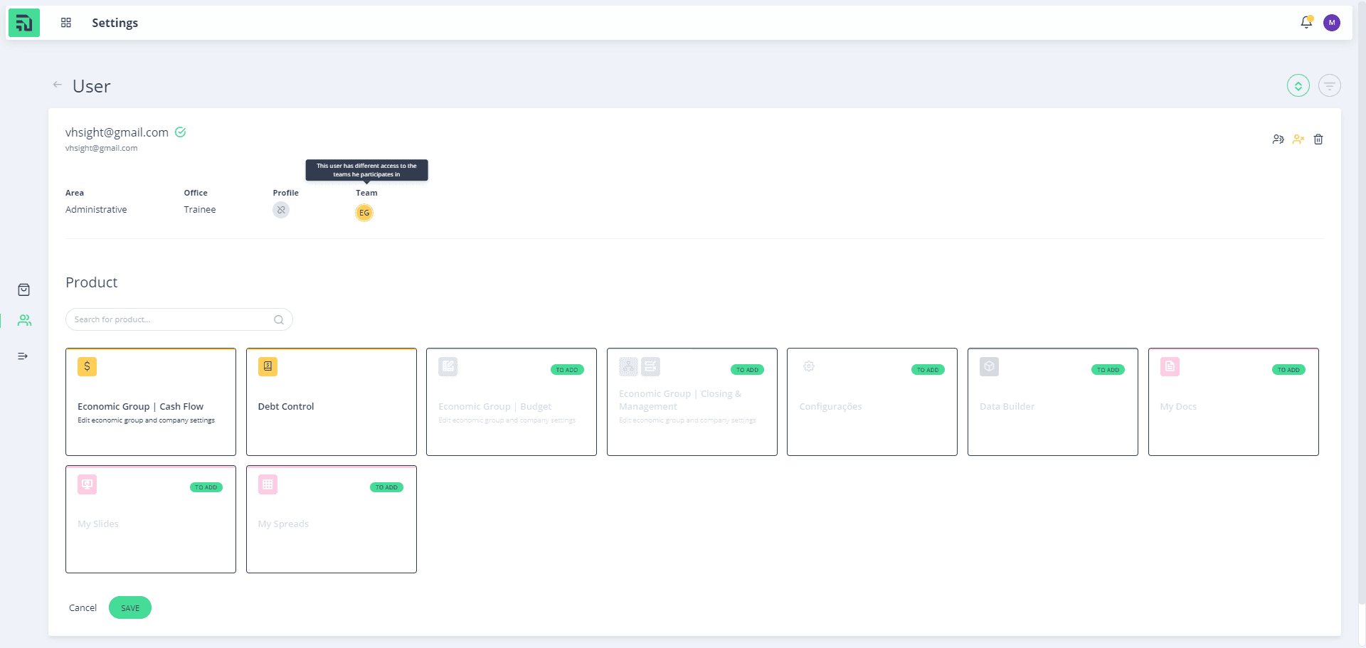 Step #8: Após salvar, este usuário apresentará uma tooltip ao passar pelo ícone da equipe que ele representa. A tooltip informará que o usuário tem acessos diferentes dos times que ele participa.