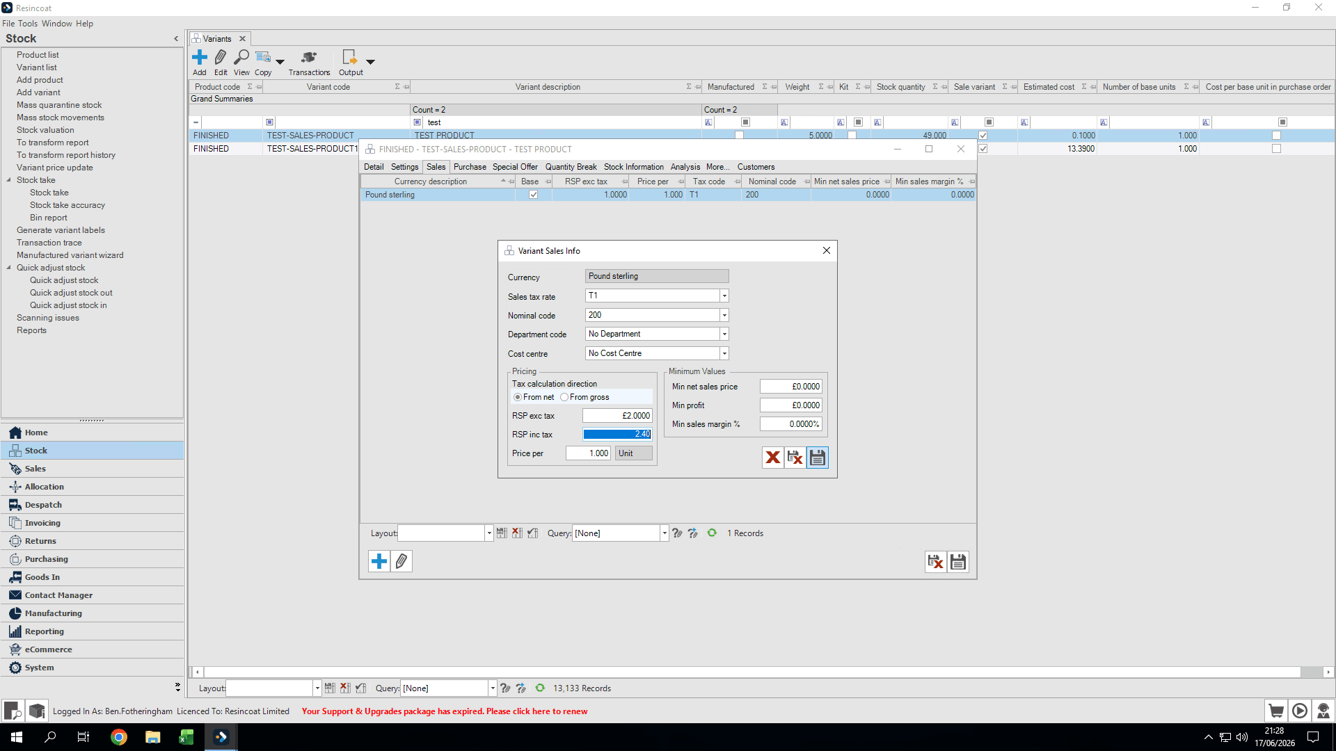 Step #9: Click the Save icon within the Variant Sales Info window to apply the new pricing.
