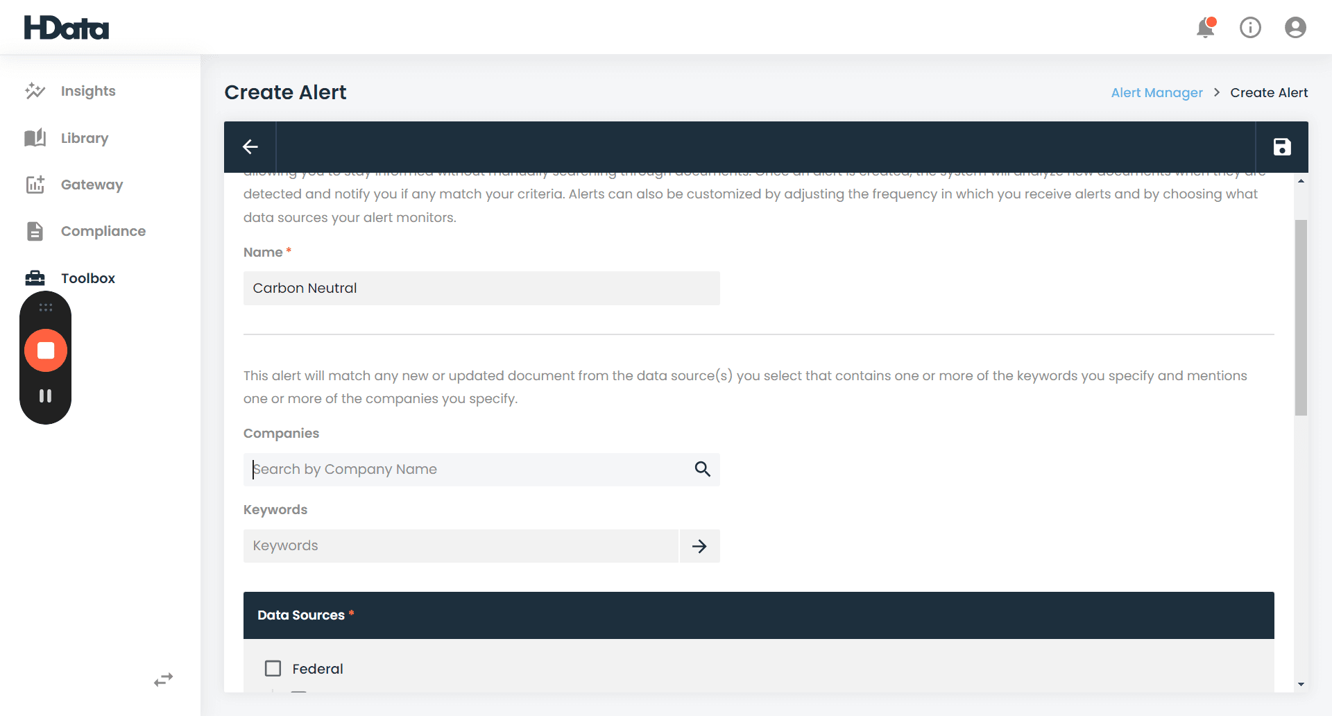 Step #3: Create a name for your alert in the "Name" field, and in this example, we will track "carbon neutral".