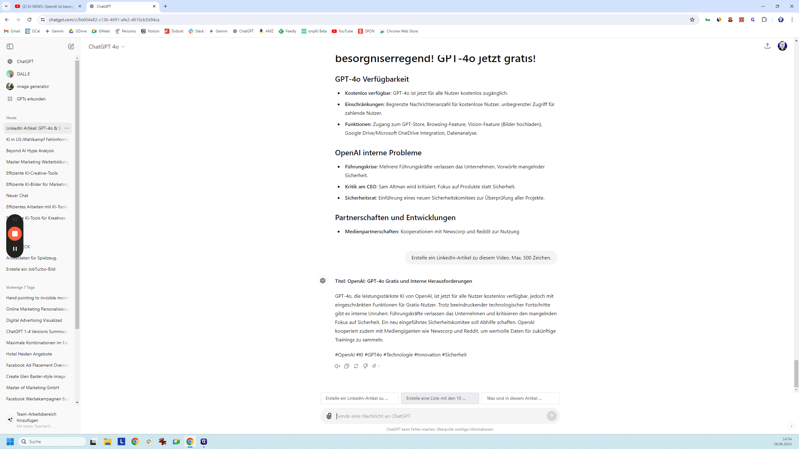 Step #15: Auch hier bekommen wir ein Ergebnis - in dem Fall einen Artikel für LinkedIn:
