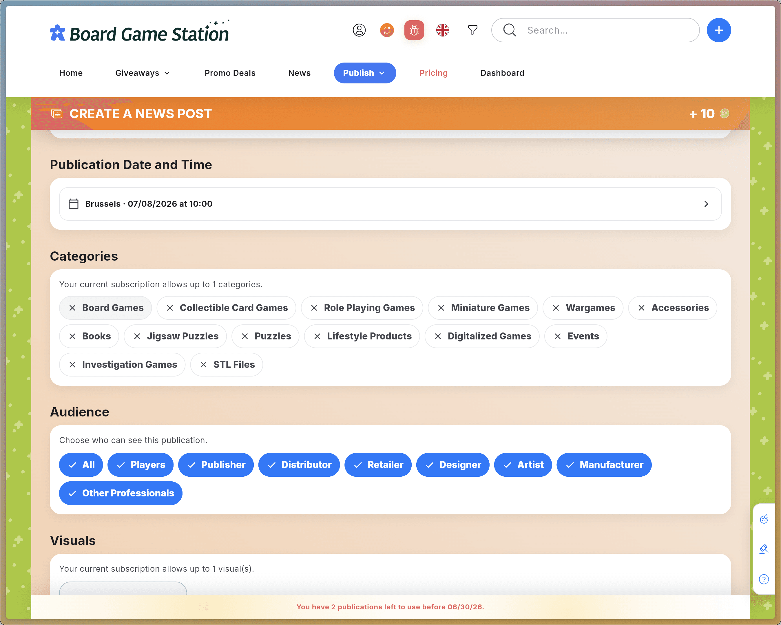 Step #6: Select the category or categories that apply to your publication. Note: The number of categories you can select depends on your subscription plan.