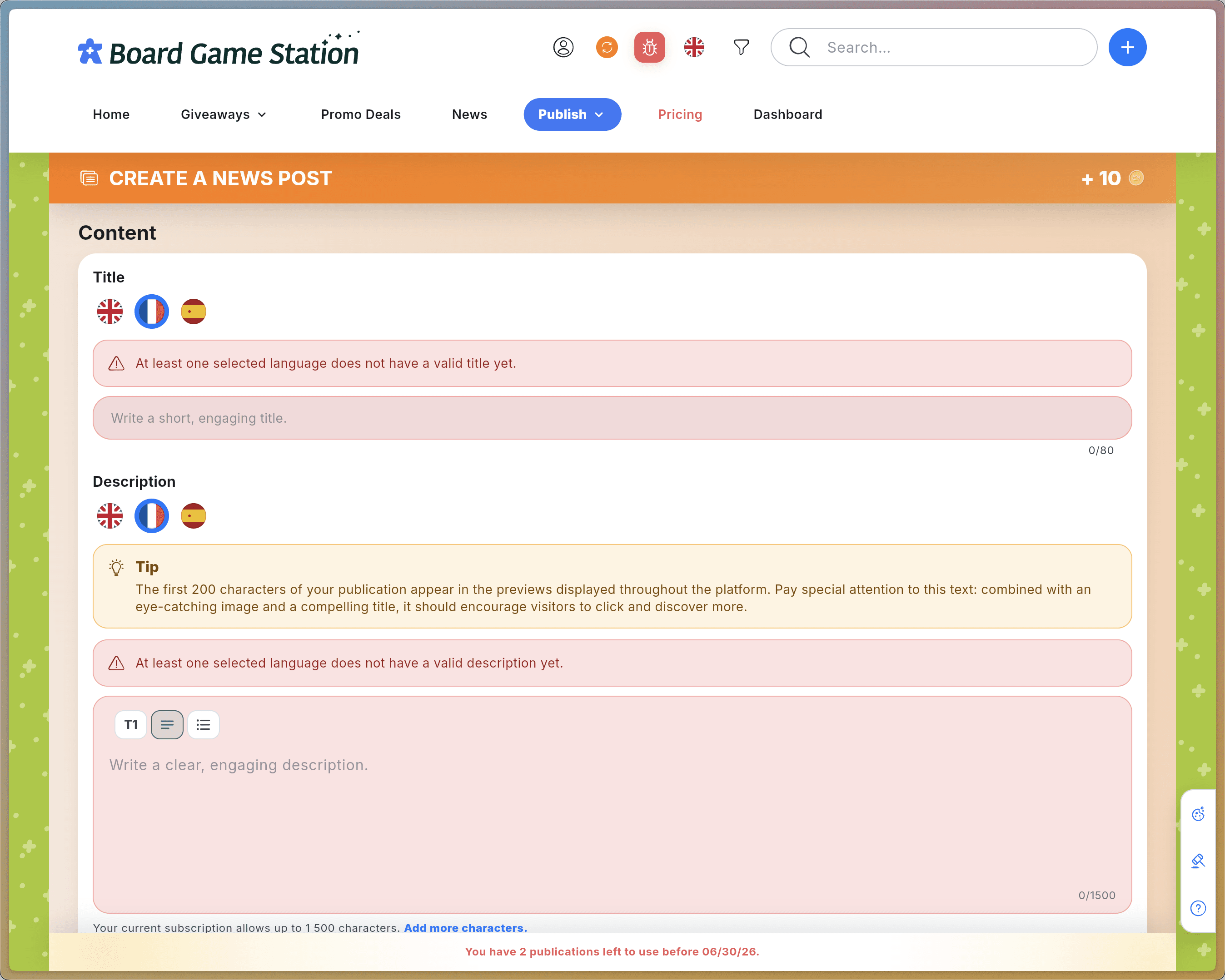 Step #8: Enter your post Title in the appropriate field (French in this example).