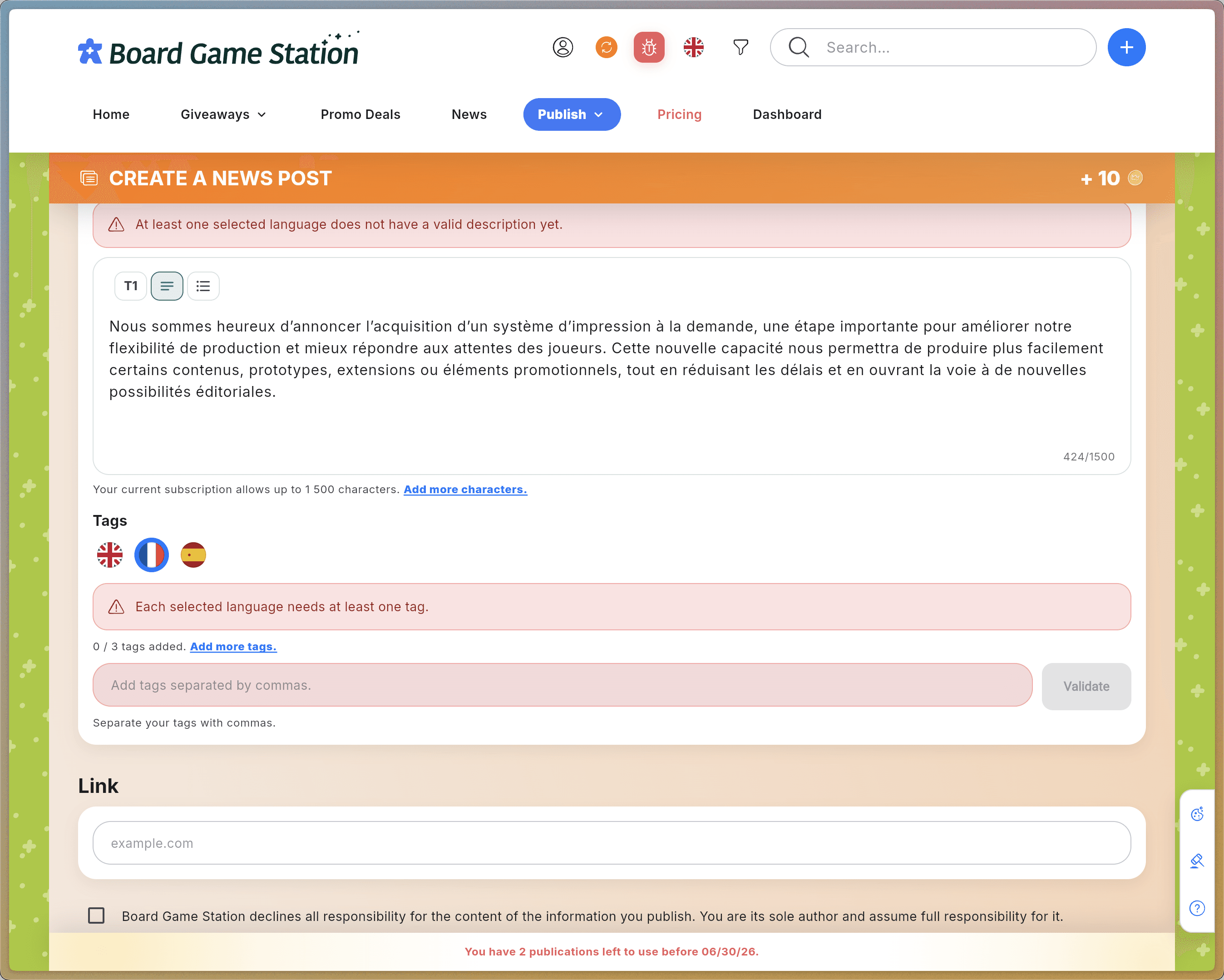 Step #10: In the Keywords field, enter your Tags, separating them with commas, then click Confirm. Note: The number of tags you can add depends on your subscription plan.
