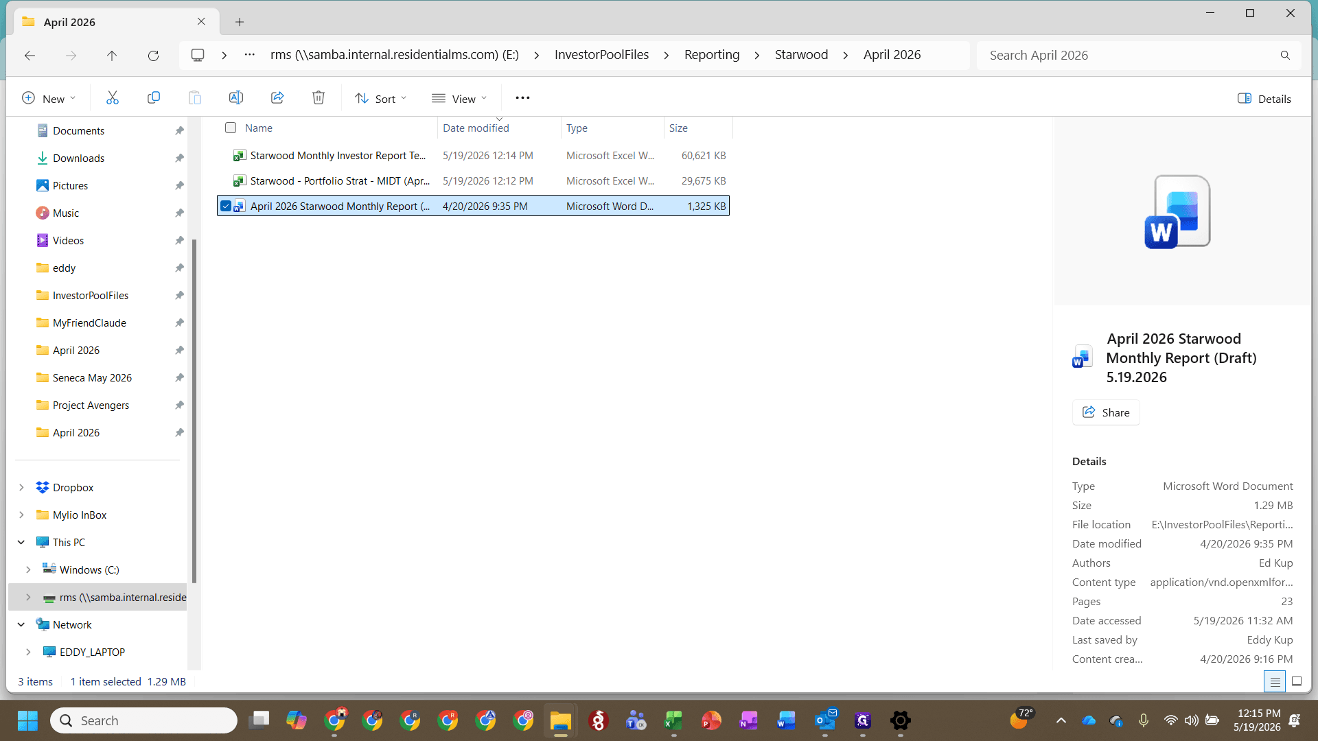 Step #11: Open the draft Word document for the new month (e.g., April 2026 Starwood Monthly Report (Draft)).