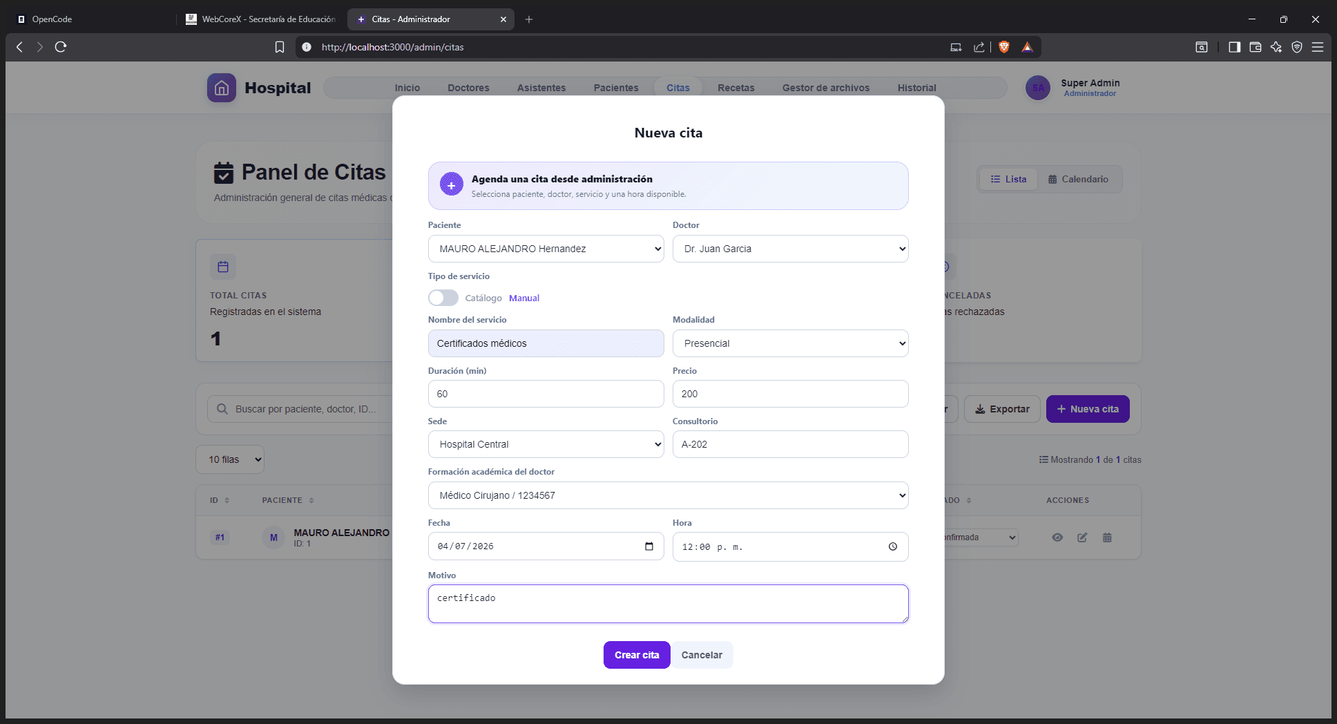 Step #12: Haz clic en el botón Crear cita en la parte inferior para guardar y finalizar el registro.