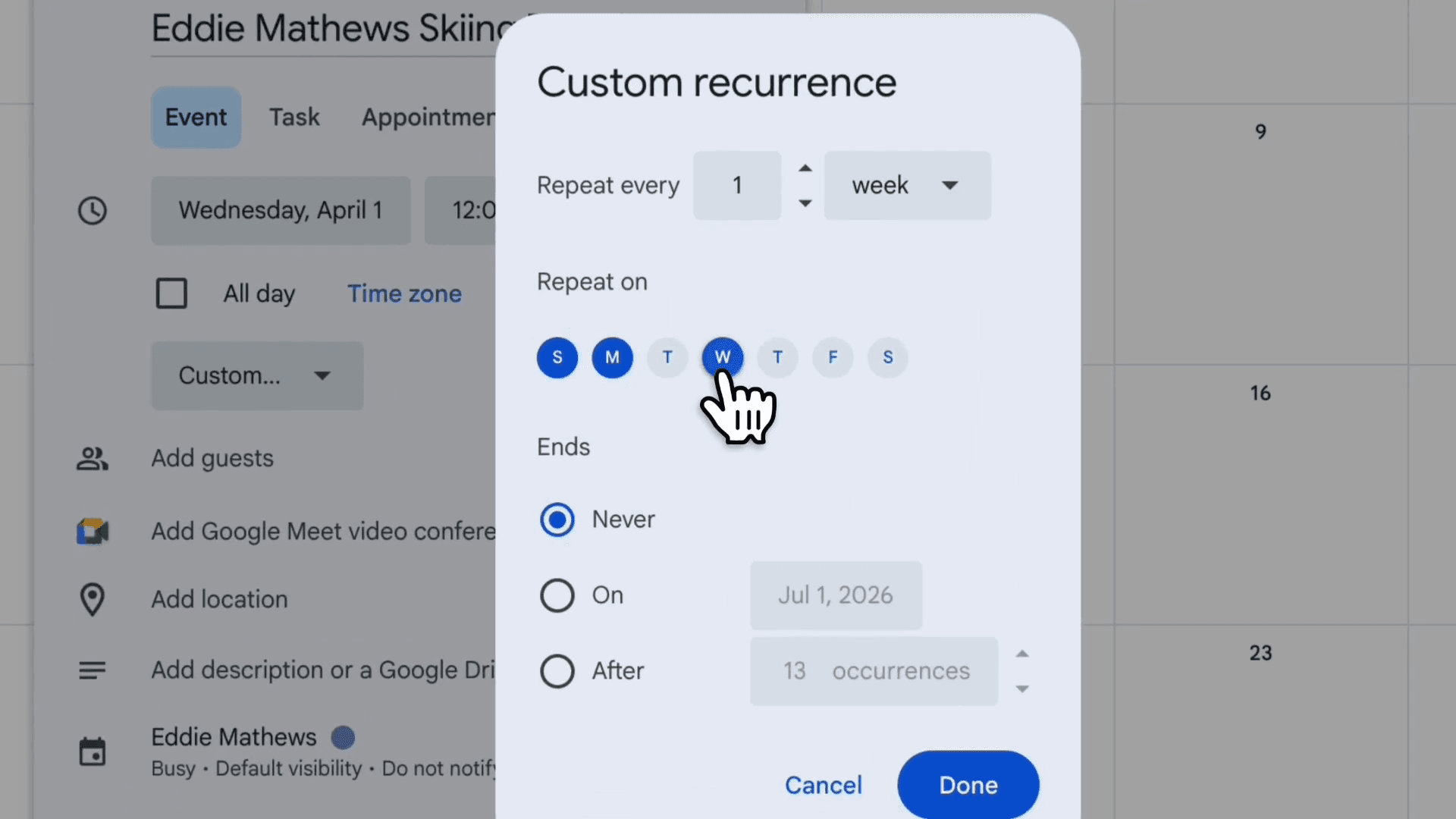 Step #68: Click W to remove Wednesday if selected by default.