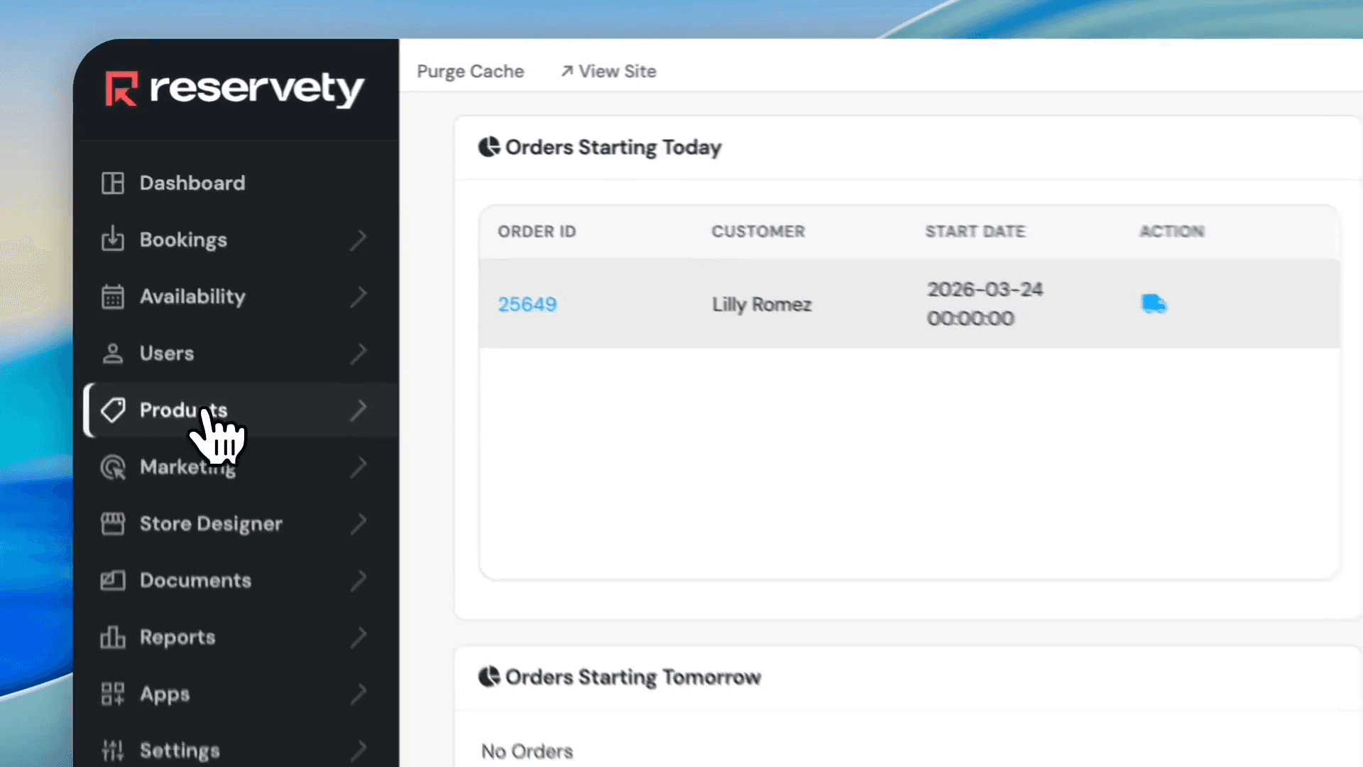 Step #77: In the Reservety dashboard, click Products.