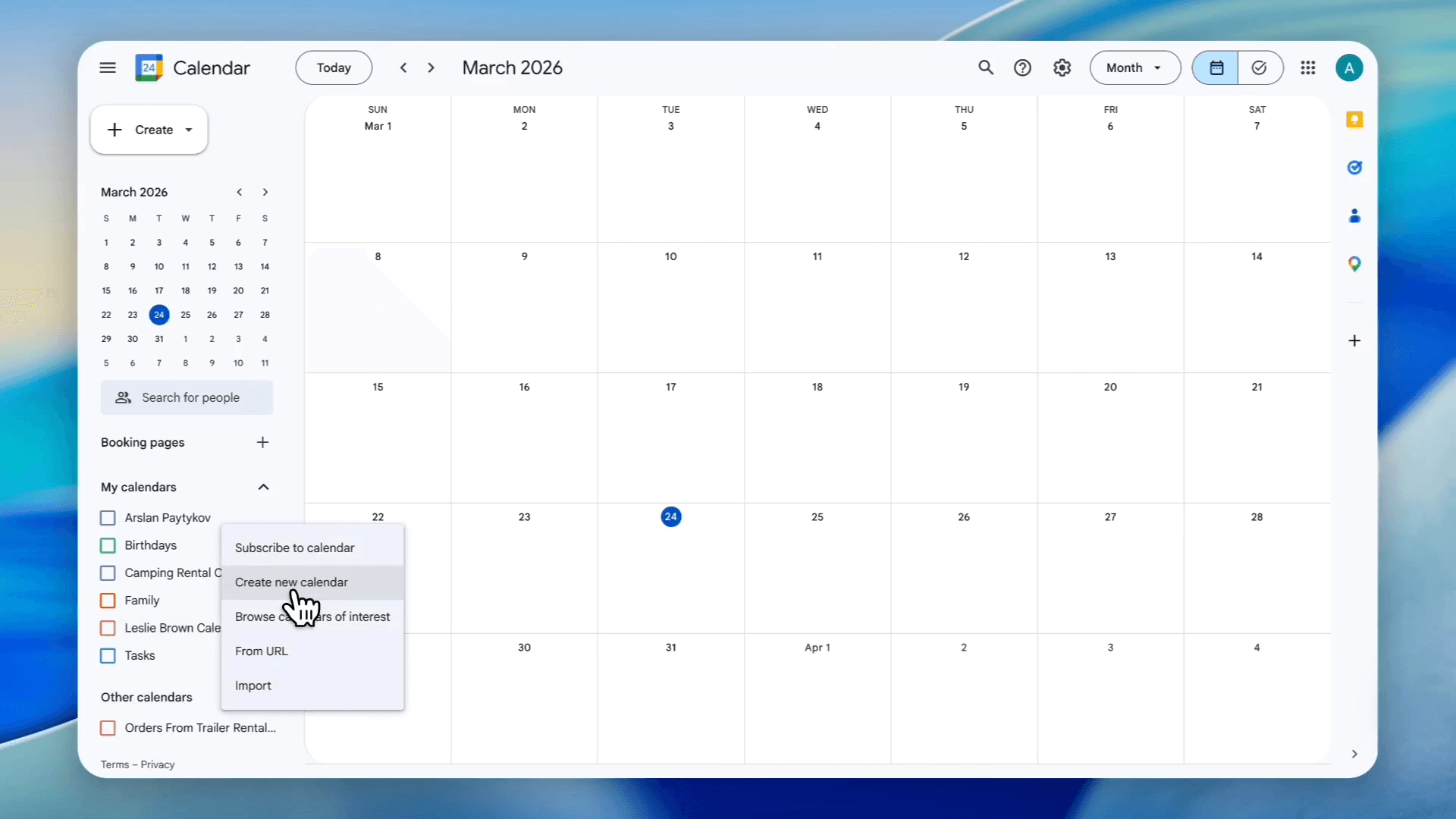 Step #56: Select Create new calendar.