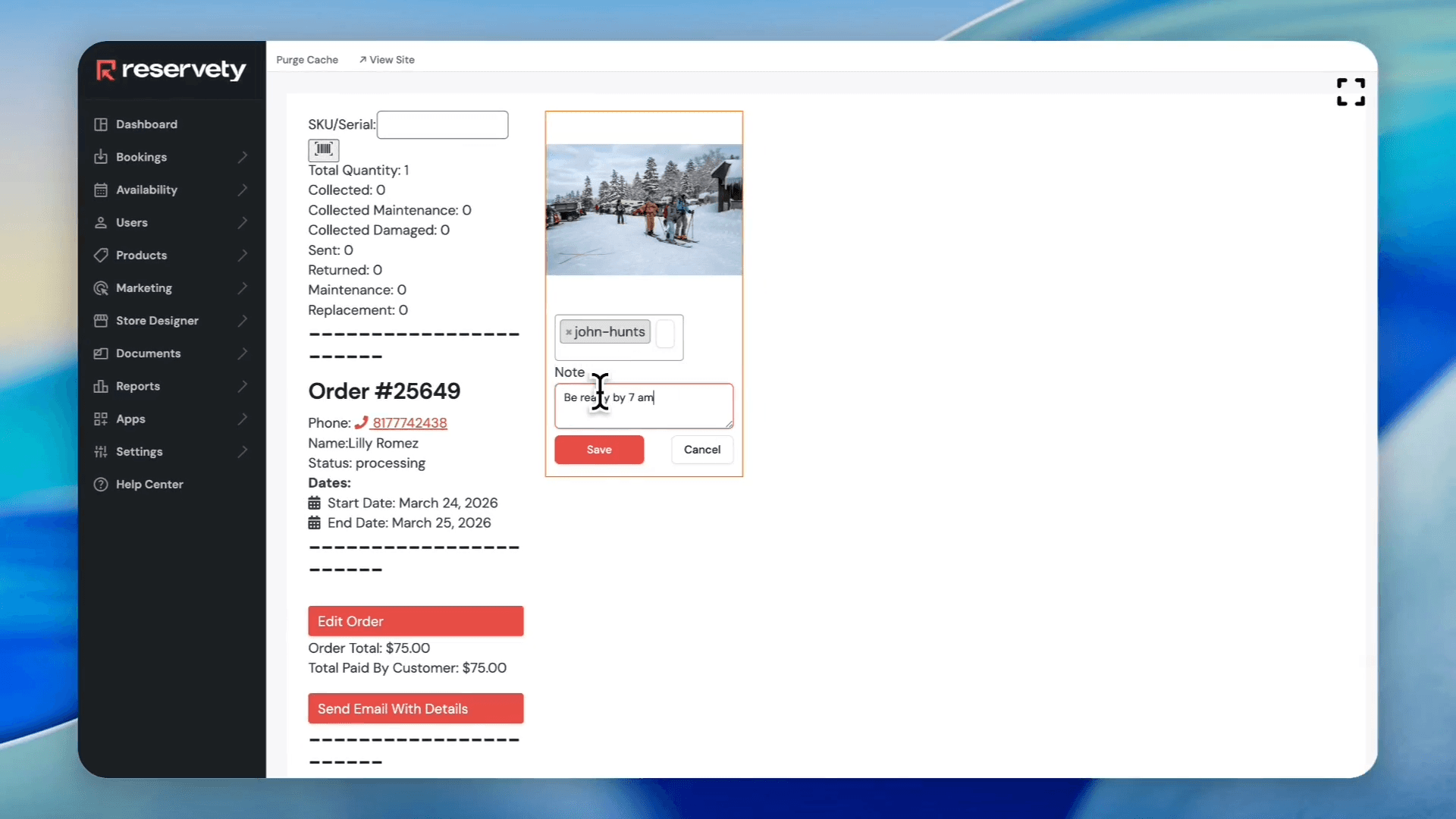 Step #52: Click the note field to leave a special message for the assigned guide. Type your instructions (e.g., "be ready by 7:00 a.m.").