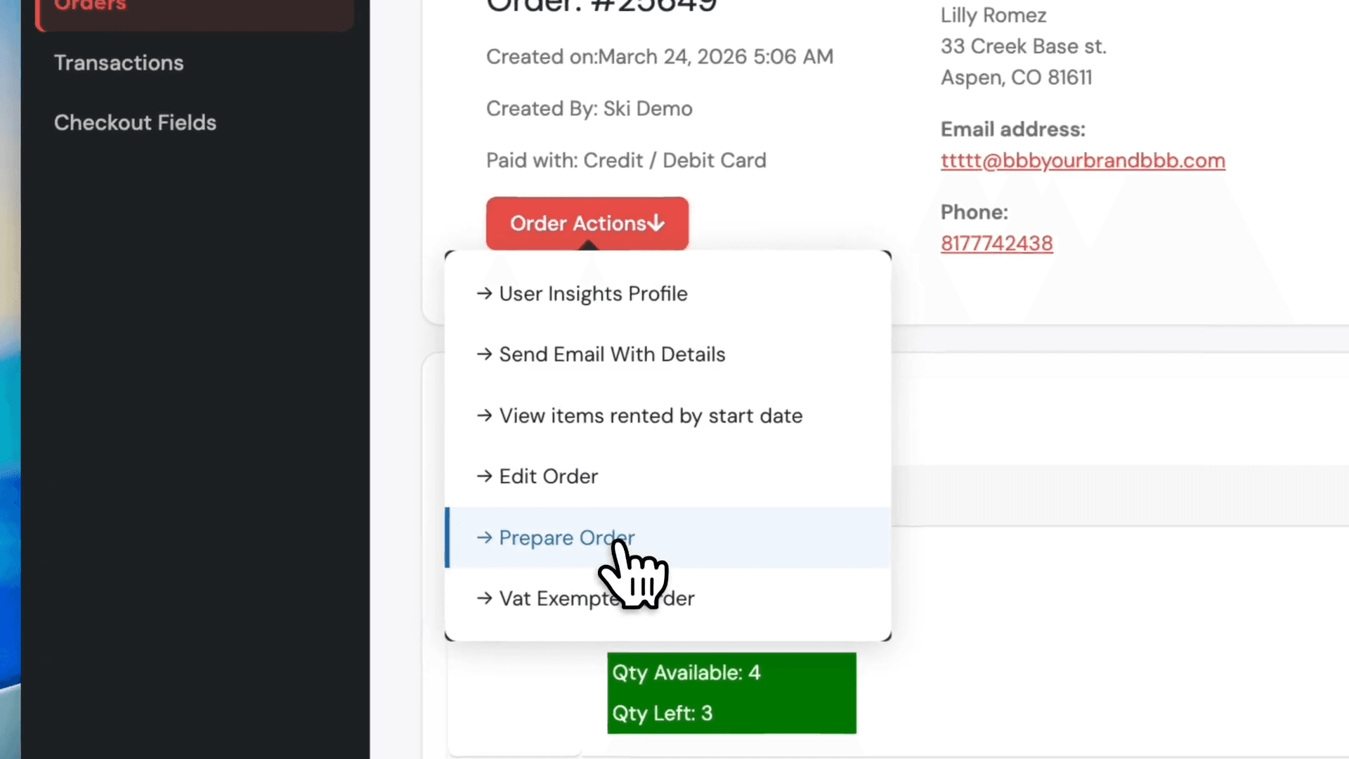 Step #81: To test the integration, open an order matching the unavailable date and click Prepare Order.