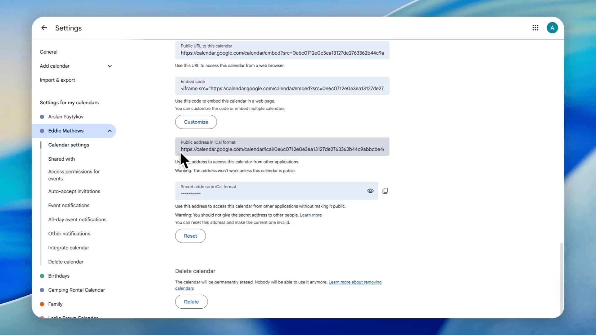 Step #76: Scroll down to Public address in iCal format and double-click to copy the URL.