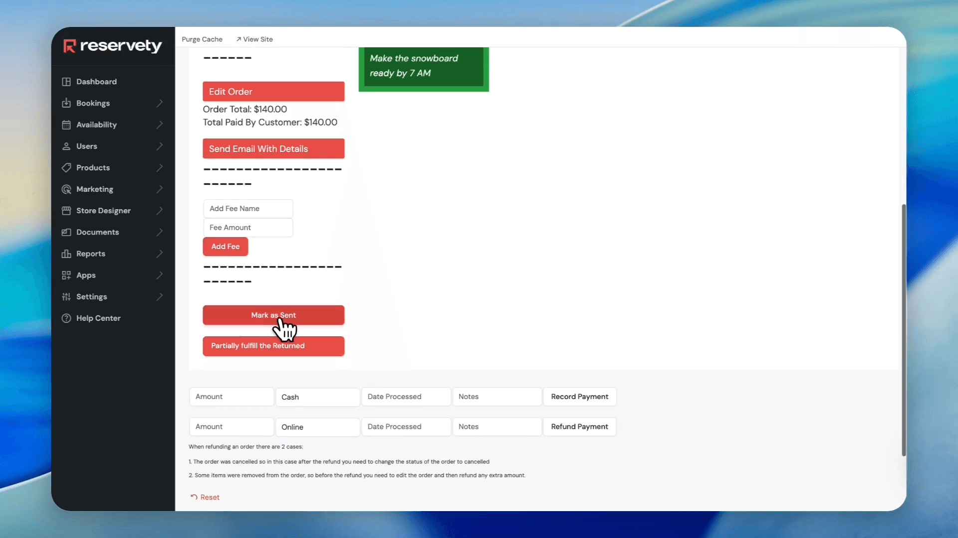 Step #10: Click Mark as Sent once the customer has picked up the items.