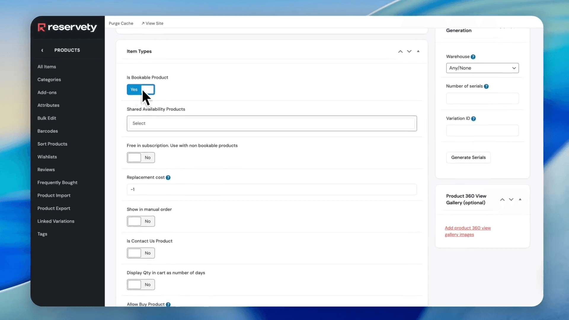 Step #23: Under Item Types, ensure Is Bookable Product is switched to Yes.