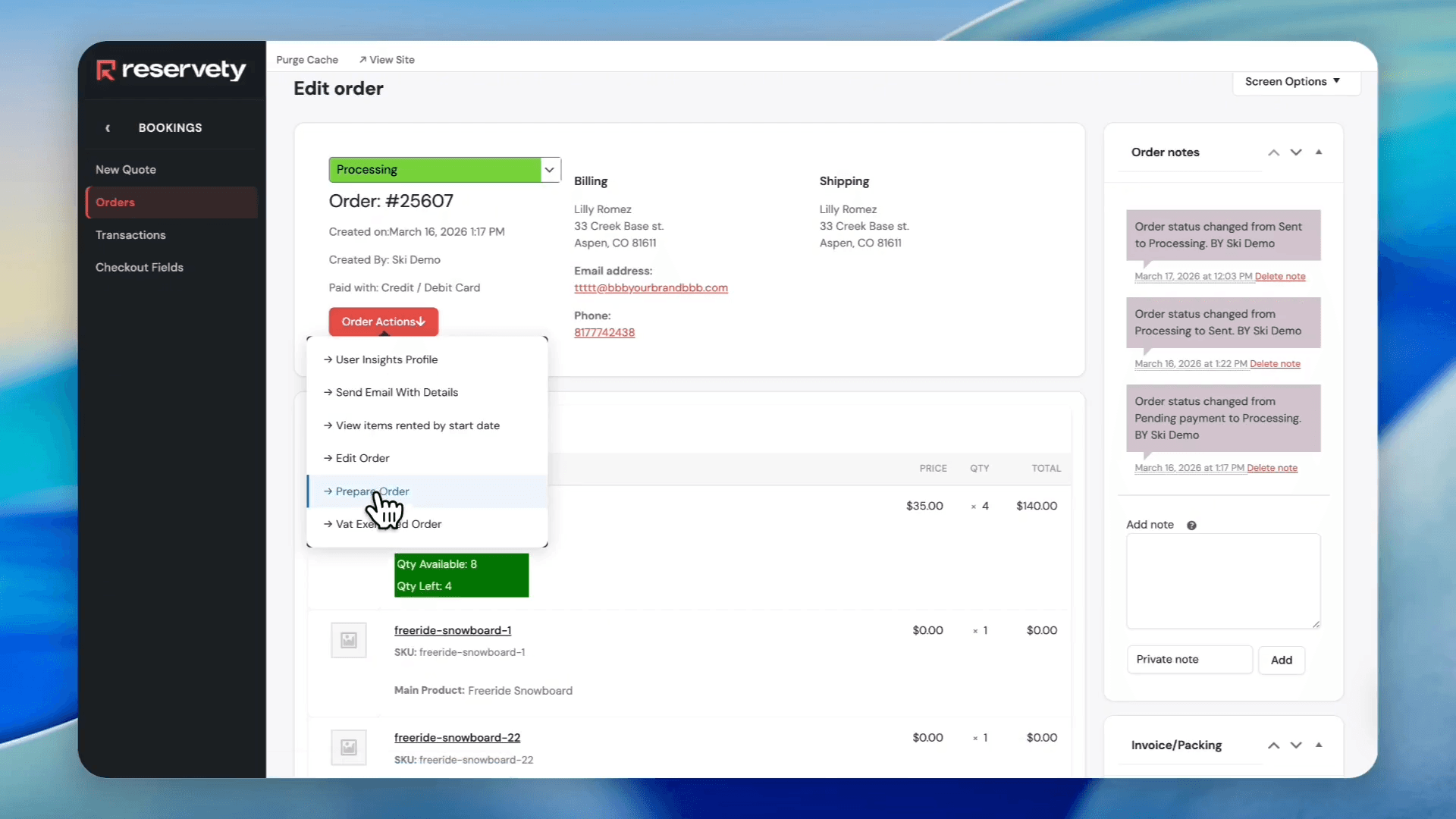 Step #5: Click Prepare Order from the dropdown menu.