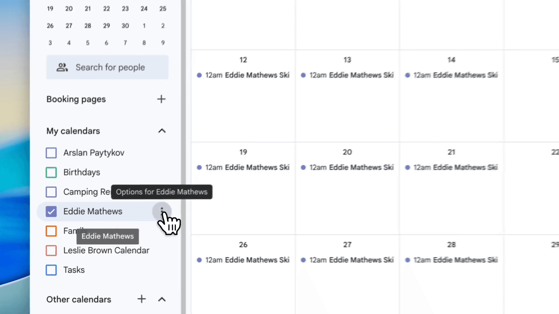 Step #72: Hover over the guide's calendar in the left sidebar and click the three-dot options menu.