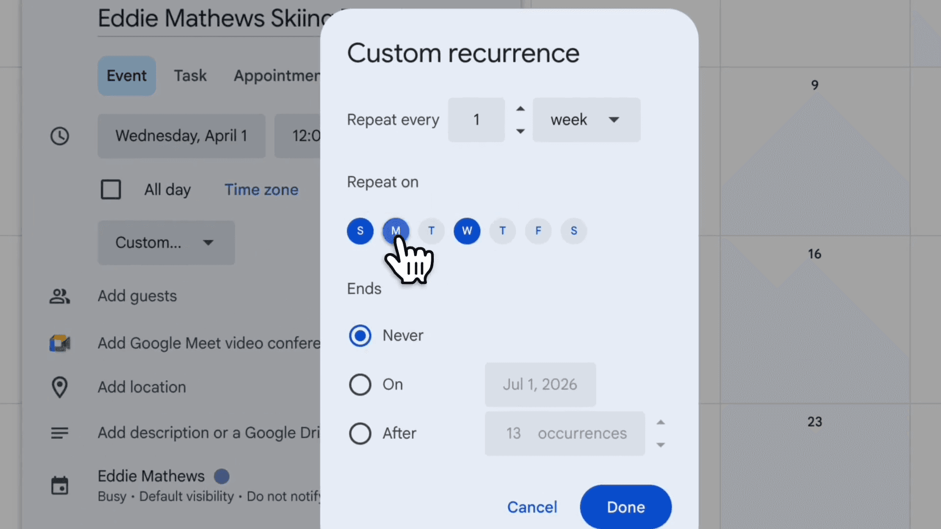 Step #67: Click M (Monday) to add it to the unavailable schedule.