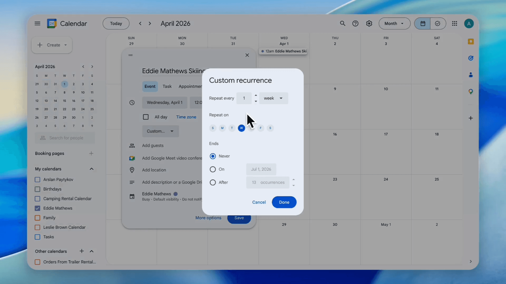 Step #65: Click Custom... to specify unavailable days.