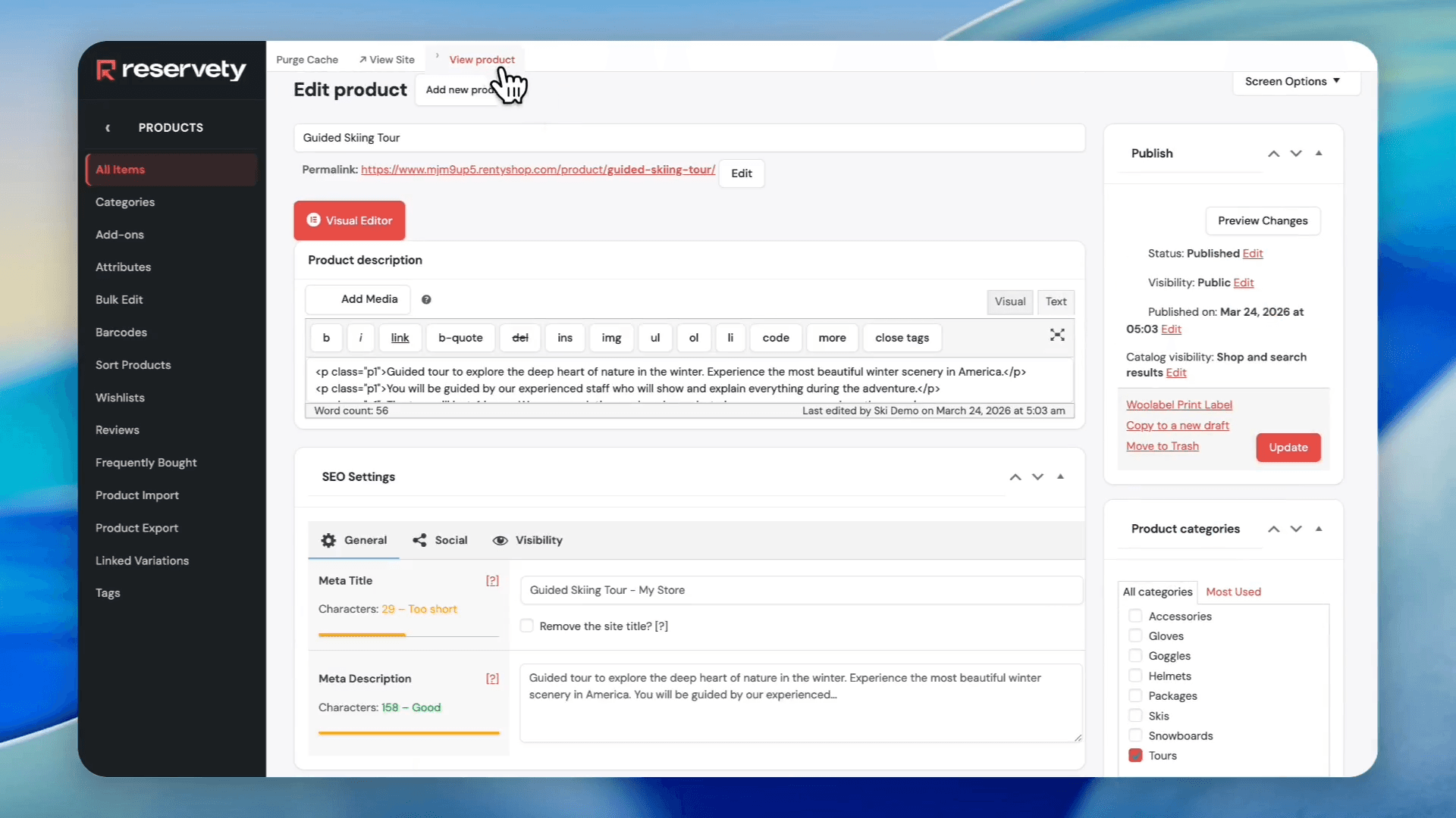 Step #42: Click on View product to open the front-end listing and test the booking flow.