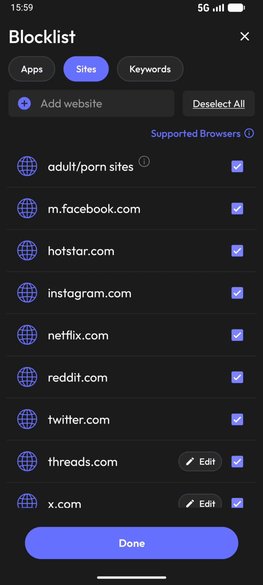 Step #6: Aktiviere, falls noch nicht geschehen, das Kontrollkästchen Adult/porn sites und überprüfe weitere manuell eingetragene Webseiten.