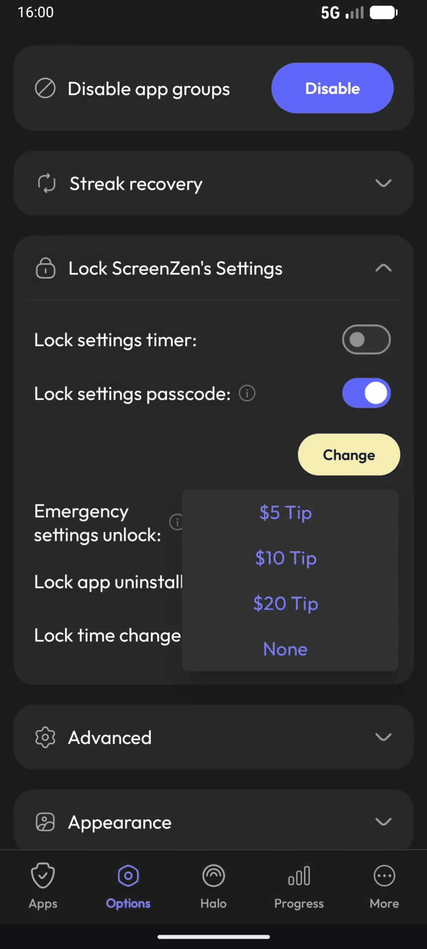 Step #19: Wähle im Dropdown-Menü $10 Tip aus, um die finanzielle Hemmschwelle für die Notfall-Entsperrung zu erhöhen.