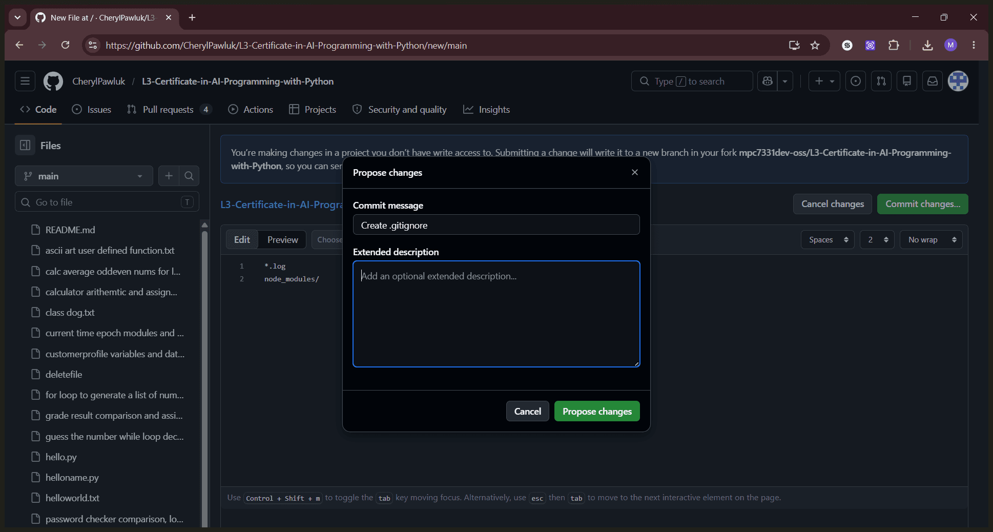 Step #5: Enter a clear commit message and an optional extended description in the modal that appears.
