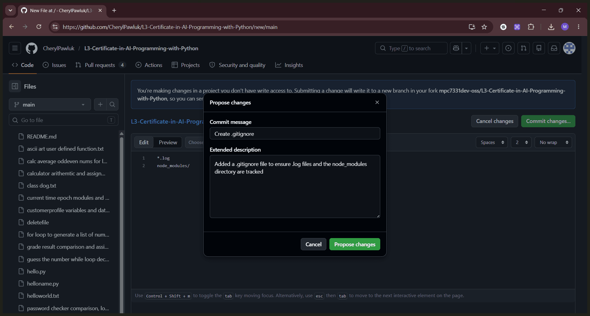 Step #6: Click Propose changes to finalize and save your new file to the repository.