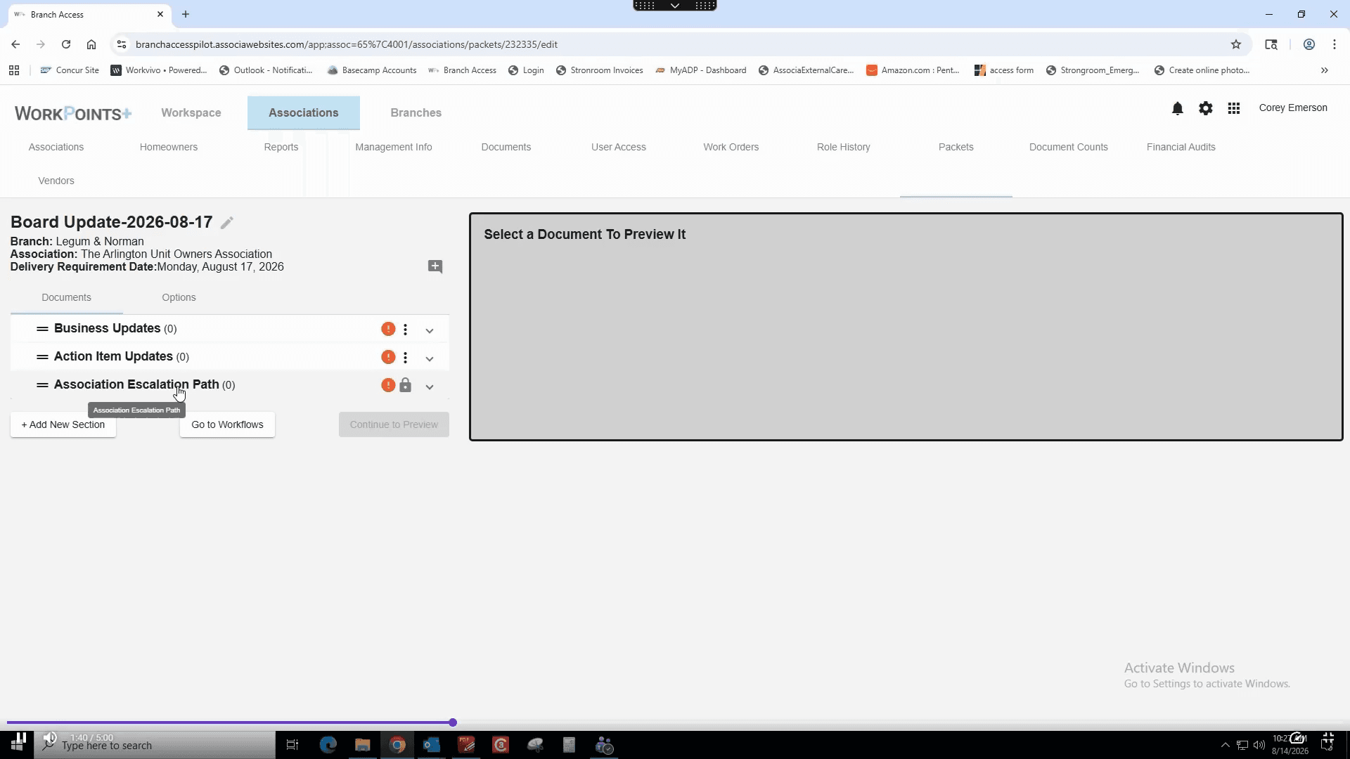 Step #11: Click Association Escalation Path (0) to open the document upload section.
