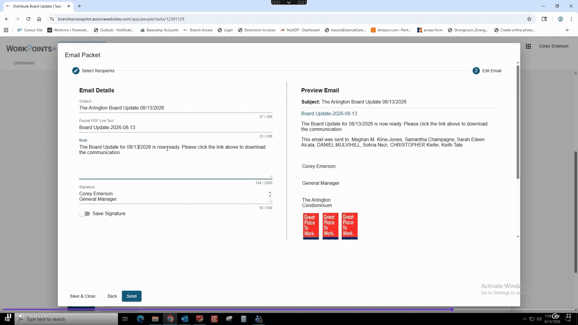 Step #54: Click in the Body field to edit the text and add any updated contextual information for the board.