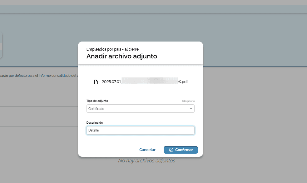 Step #5: Seleccionar el adjunto que desees agregar. Colocar el "Tipo de adjunto" y comenta una pequeña descripción en el campo correspondiente. Por ultimo colocar "Confirmar".