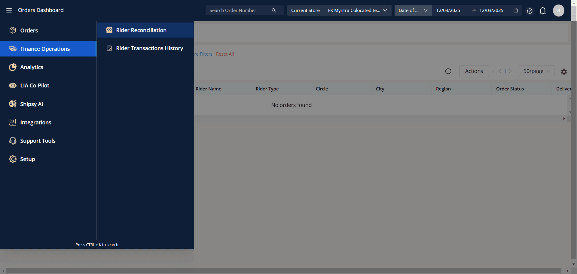 Step #5: Navigate to Finance Operations and choose 'Rider Reconciliation.'