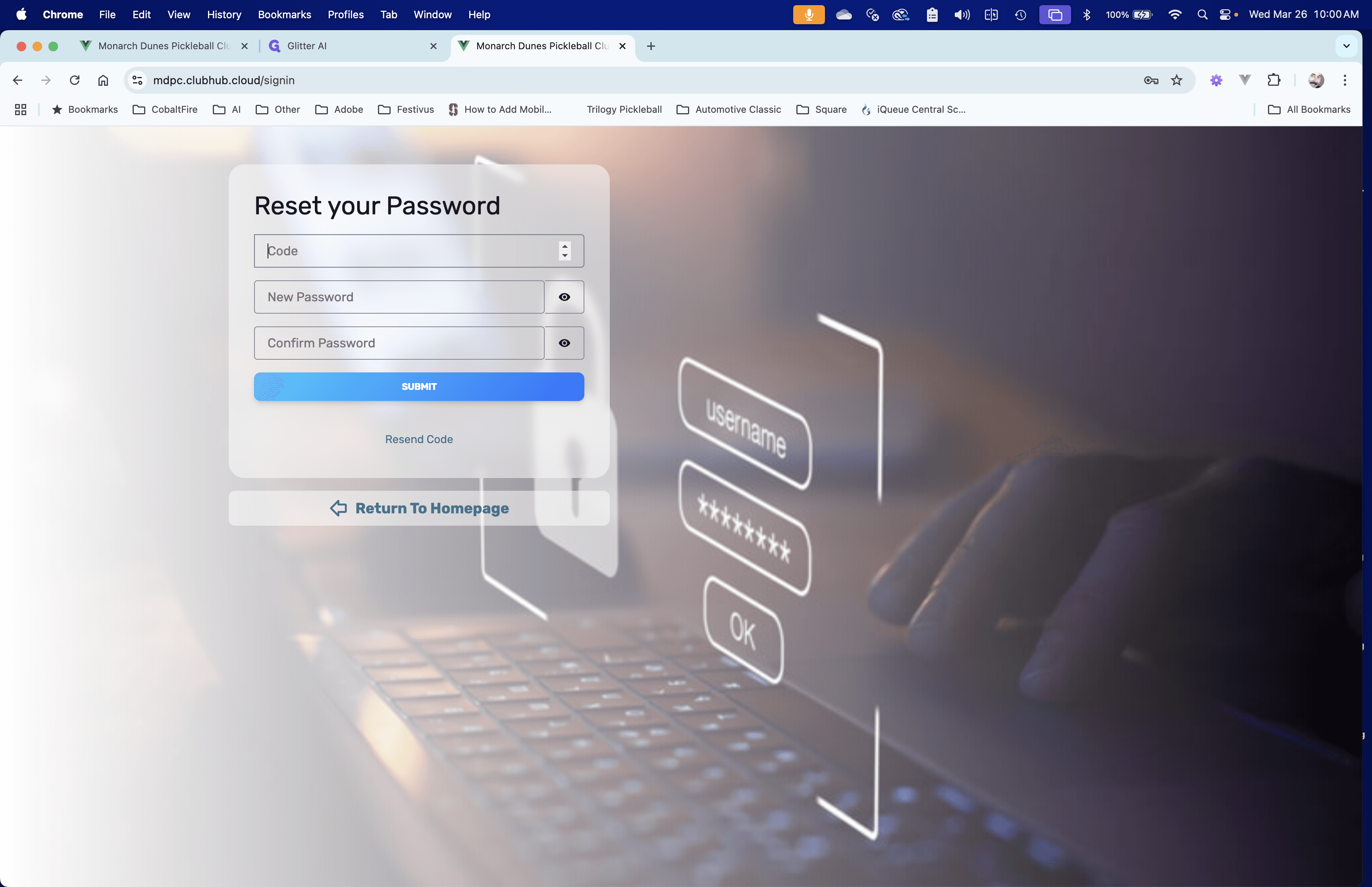 Step #7: Click on "Code" and enter the code that was emailed to you.Click on "New Password" and enter your new Password in the New Password field. Also enter the same New Password in the Confirm Password field.Then, click on the SUBMIT button.